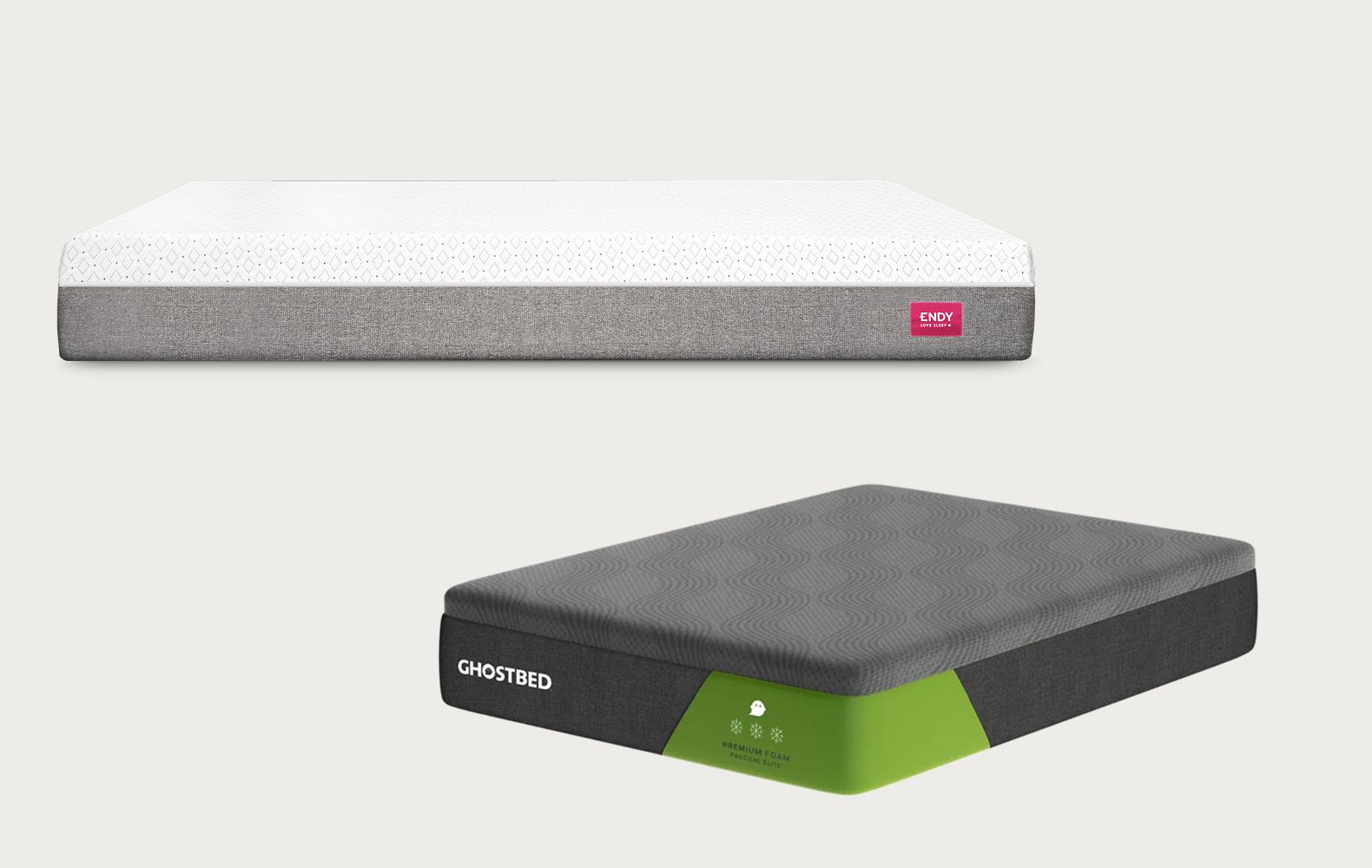 Comparison image showing the Endy Mattress above the GhostBed Mattress.