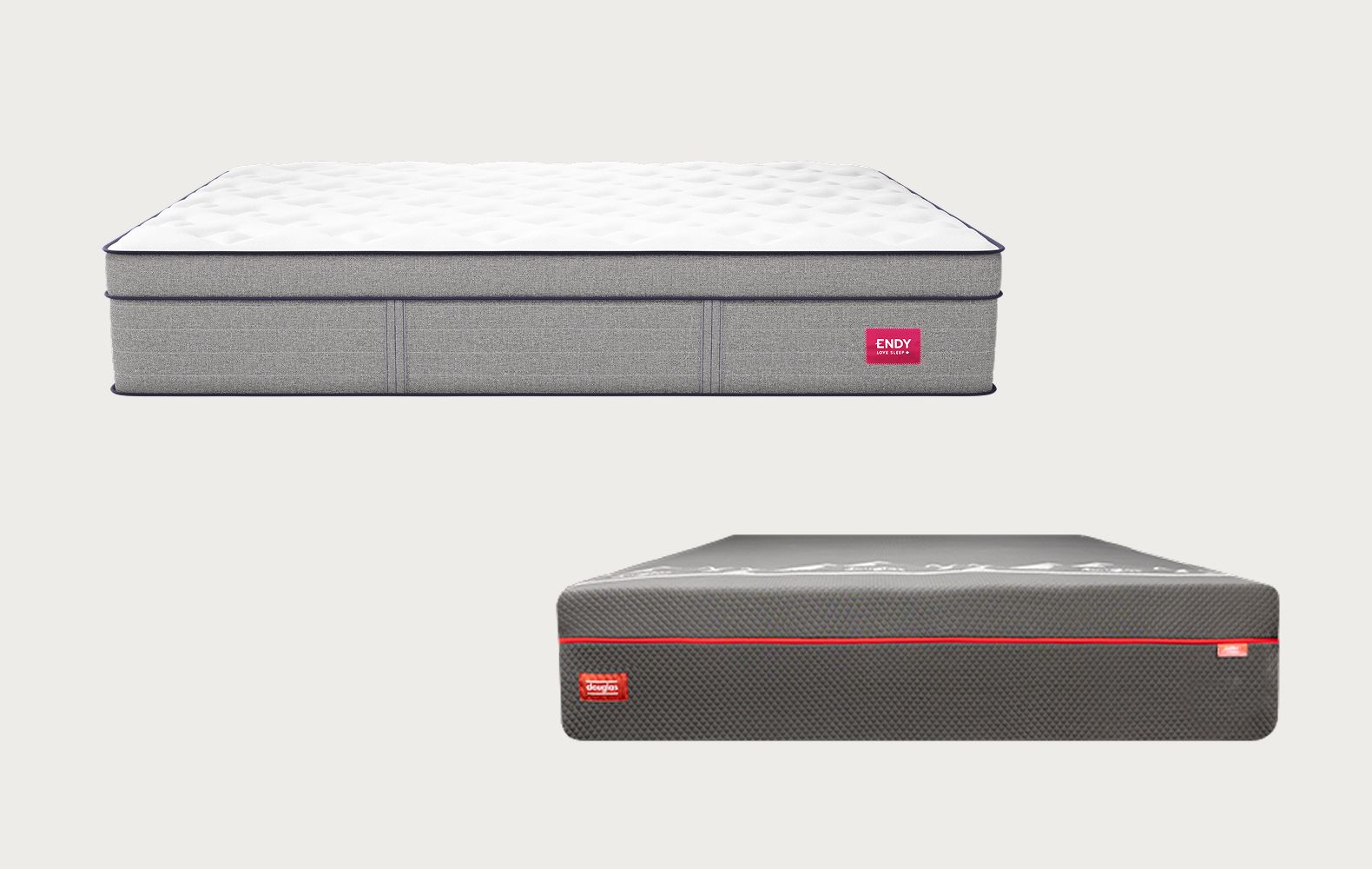 Comparison image showing the Endy Hybrid Mattress above Douglas Summit Hybrid Mattress