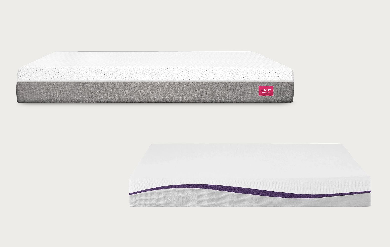 Comparison image showing the Endy Mattress above the Purple Mattress.