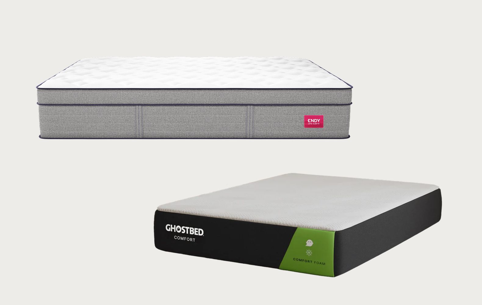 Comparison image showing the Endy Hybrid Mattress above the GhostBed Comfort Hybrid Mattress