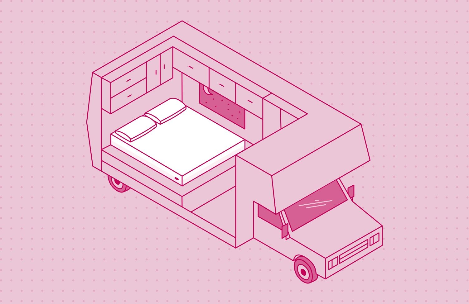 Illustration of an RV bedroom layout with an RV Queen sized Endy Mattress.