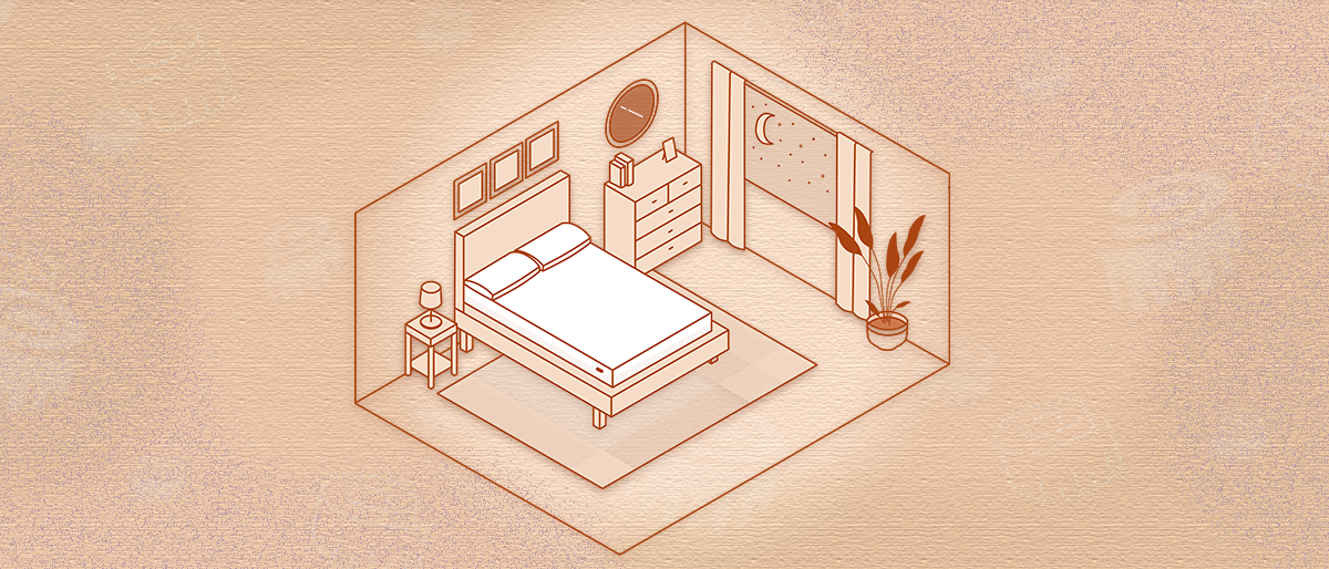 Illustration of a bedroom with a full mattress.