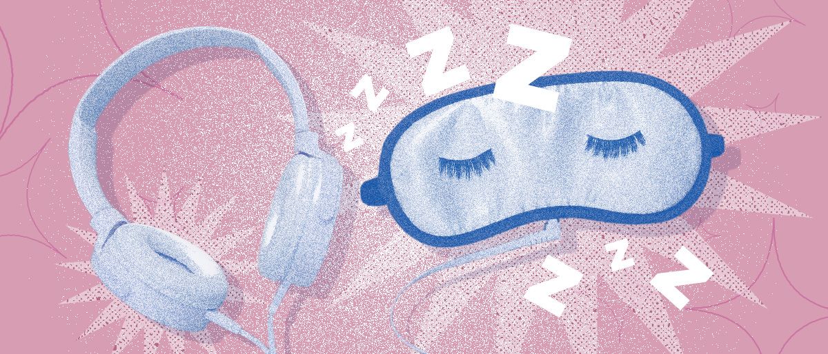 Illustration of headphones and a sleep mask