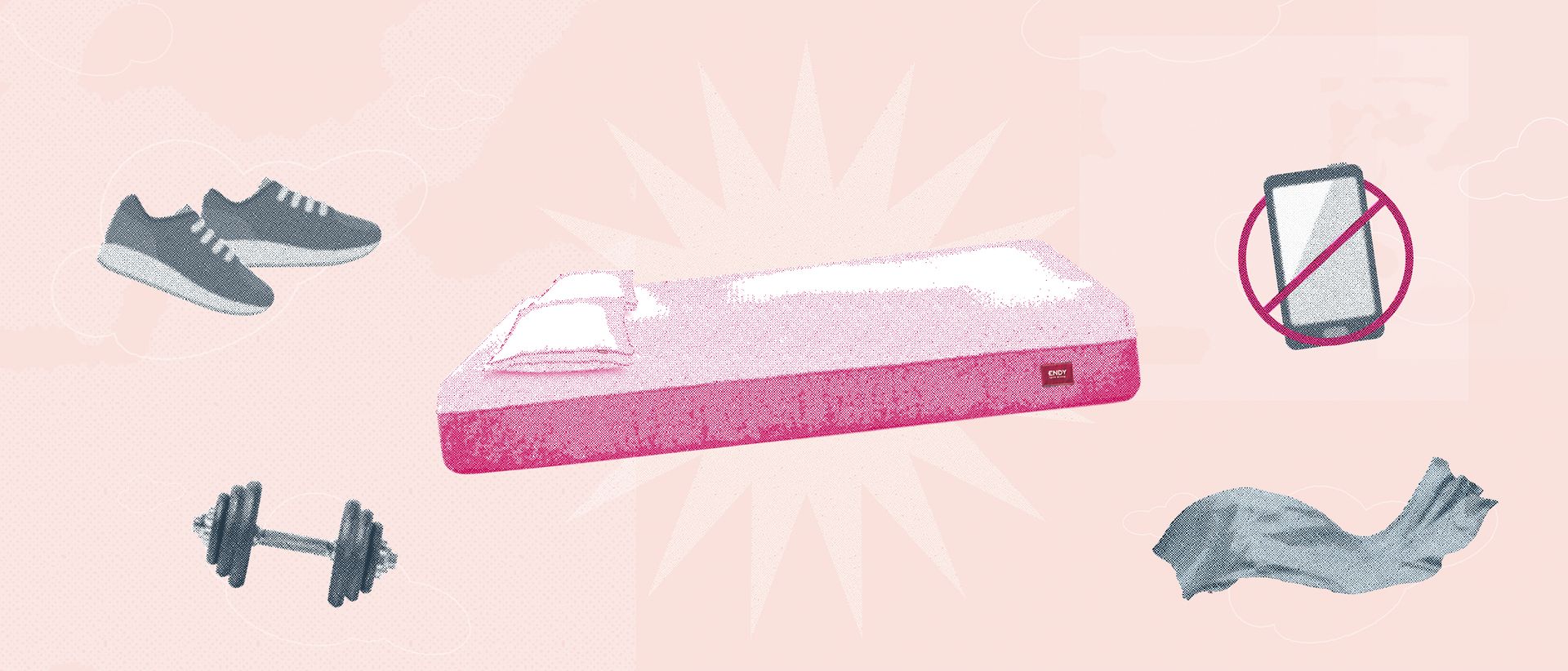 An illustration of an Endy Mattress surrounded by running shoes, a dumbbell, a bed sheet, and a phone covered by a “no” symbol.
