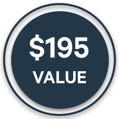 Circular badge indicating, "$195 Value."