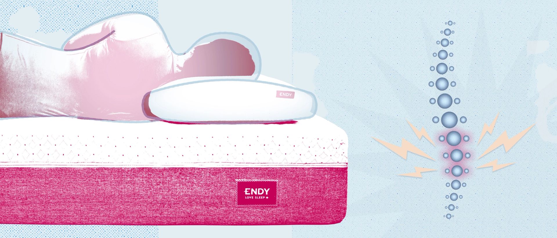 A person sleeping on their side on an Endy Mattress, with their back to the viewer, supported by an Endy Memory Foam Pillow.