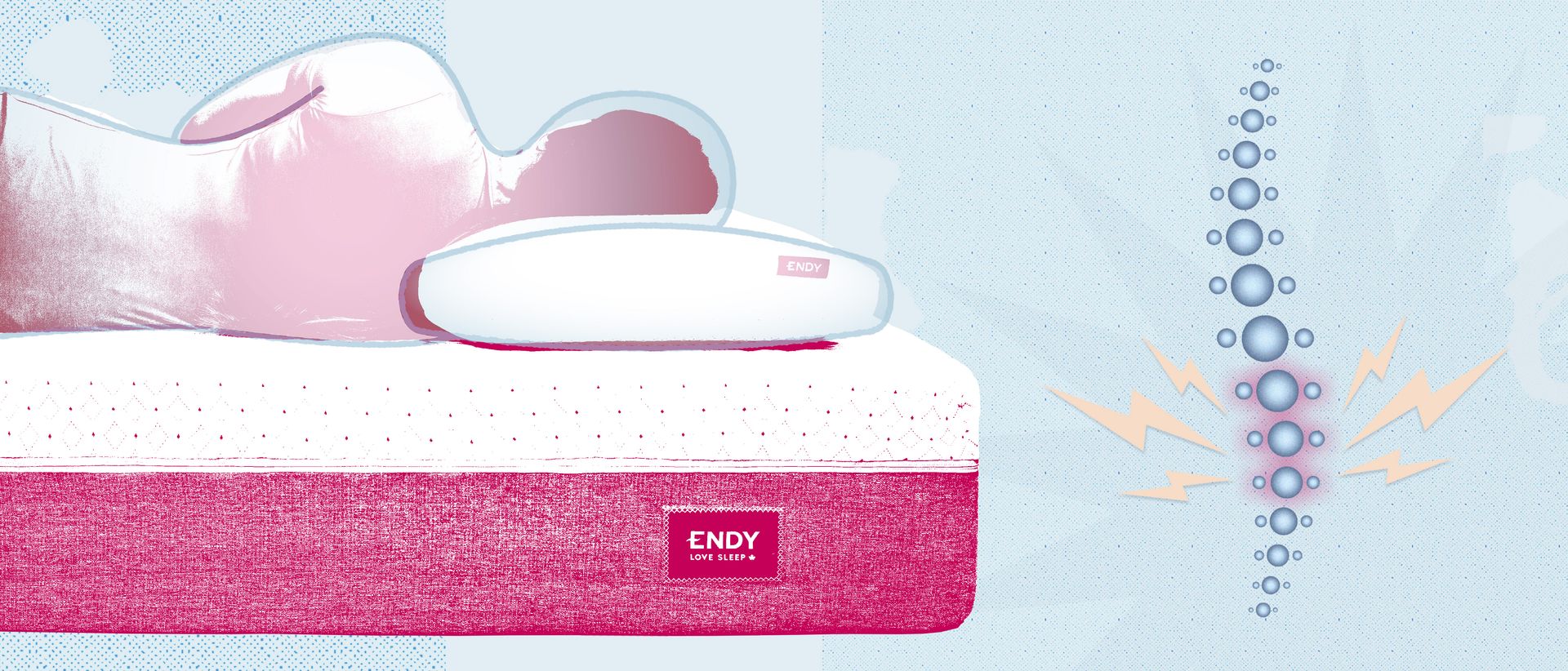 A person sleeping on their side on an Endy Mattress, with their back to the viewer, supported by an Endy Memory Foam Pillow.