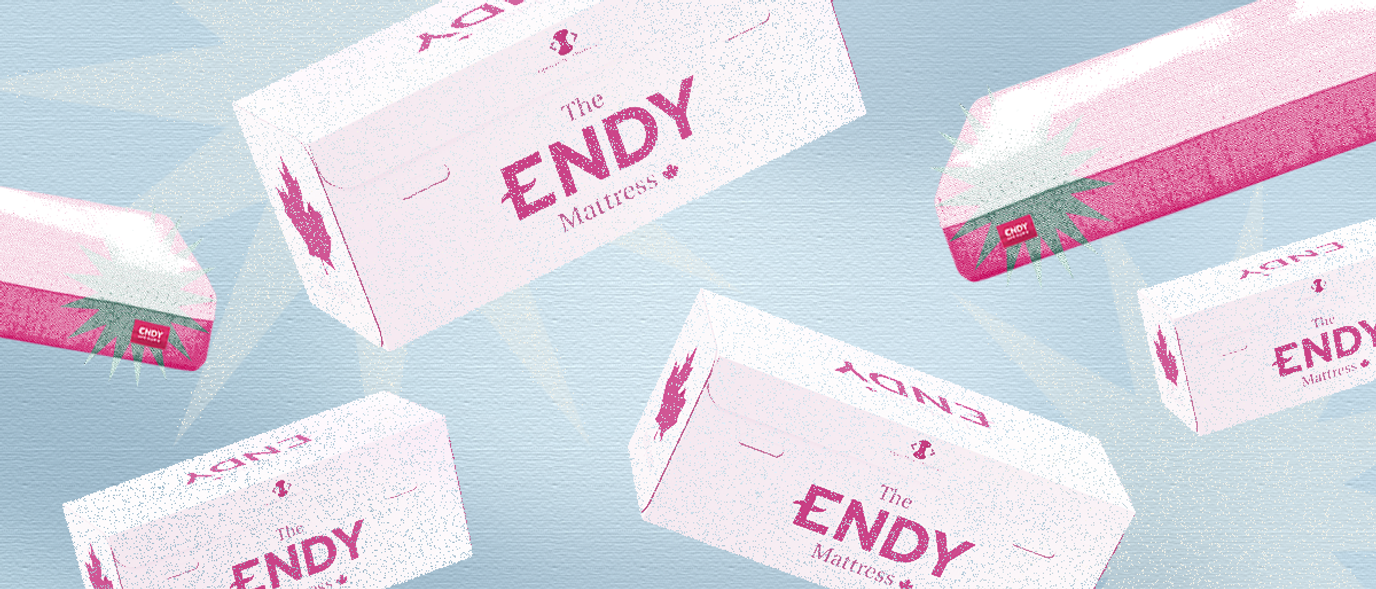 Comic stylized image of floating Endy mattresses and Endy boxes on a blue background