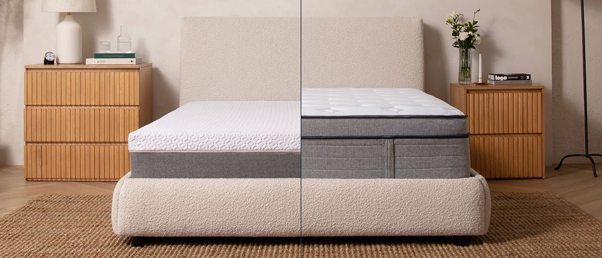 Split image showing the Endy Mattress on the left side and the Endy Hybrid on the right