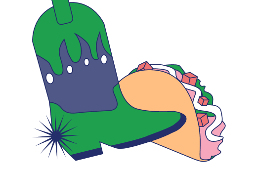 Illustration of green flame Texas boots, in front of a taco