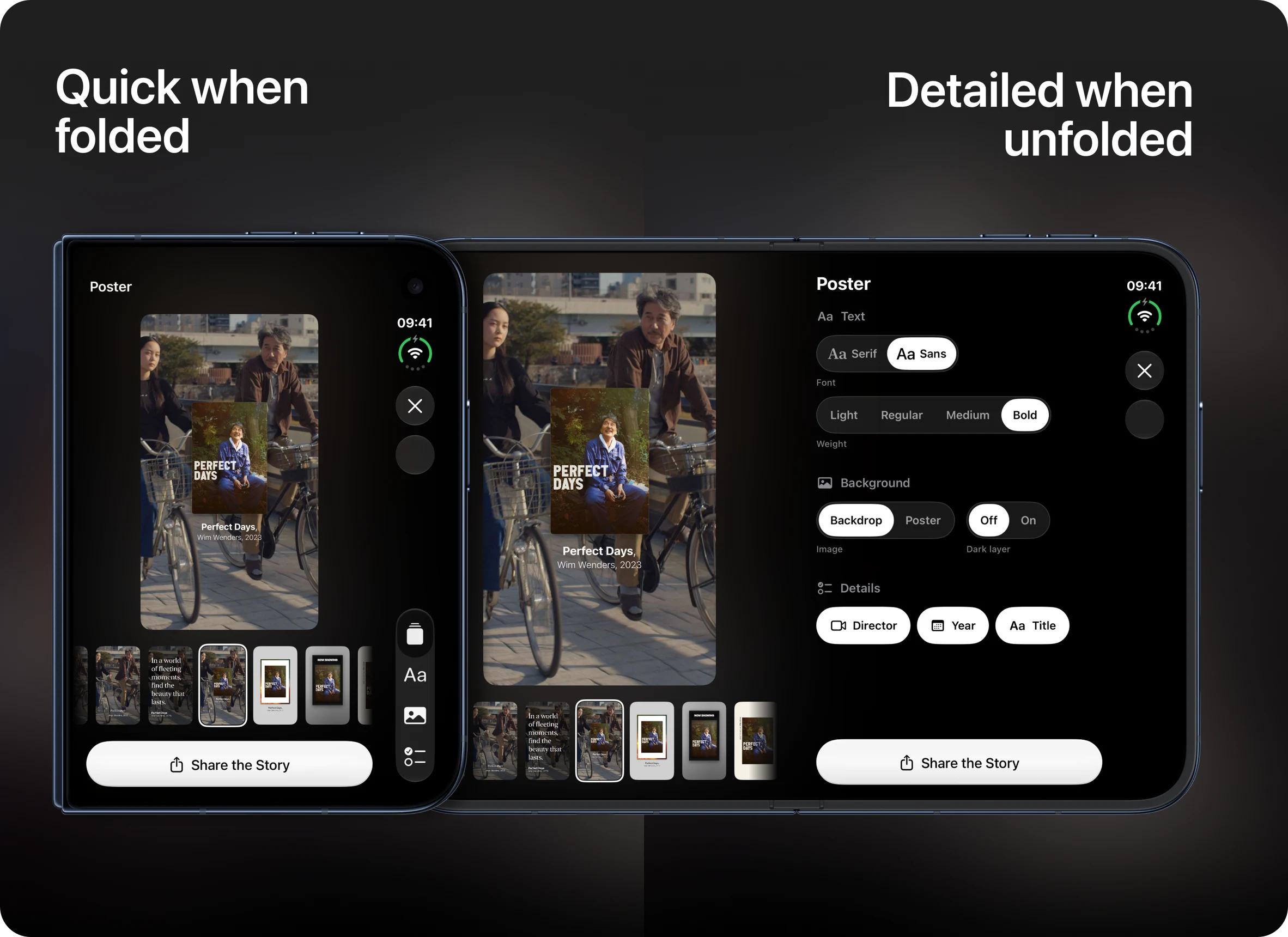 Stories for Letterboxd editor on a foldable phone, folded and unfolded