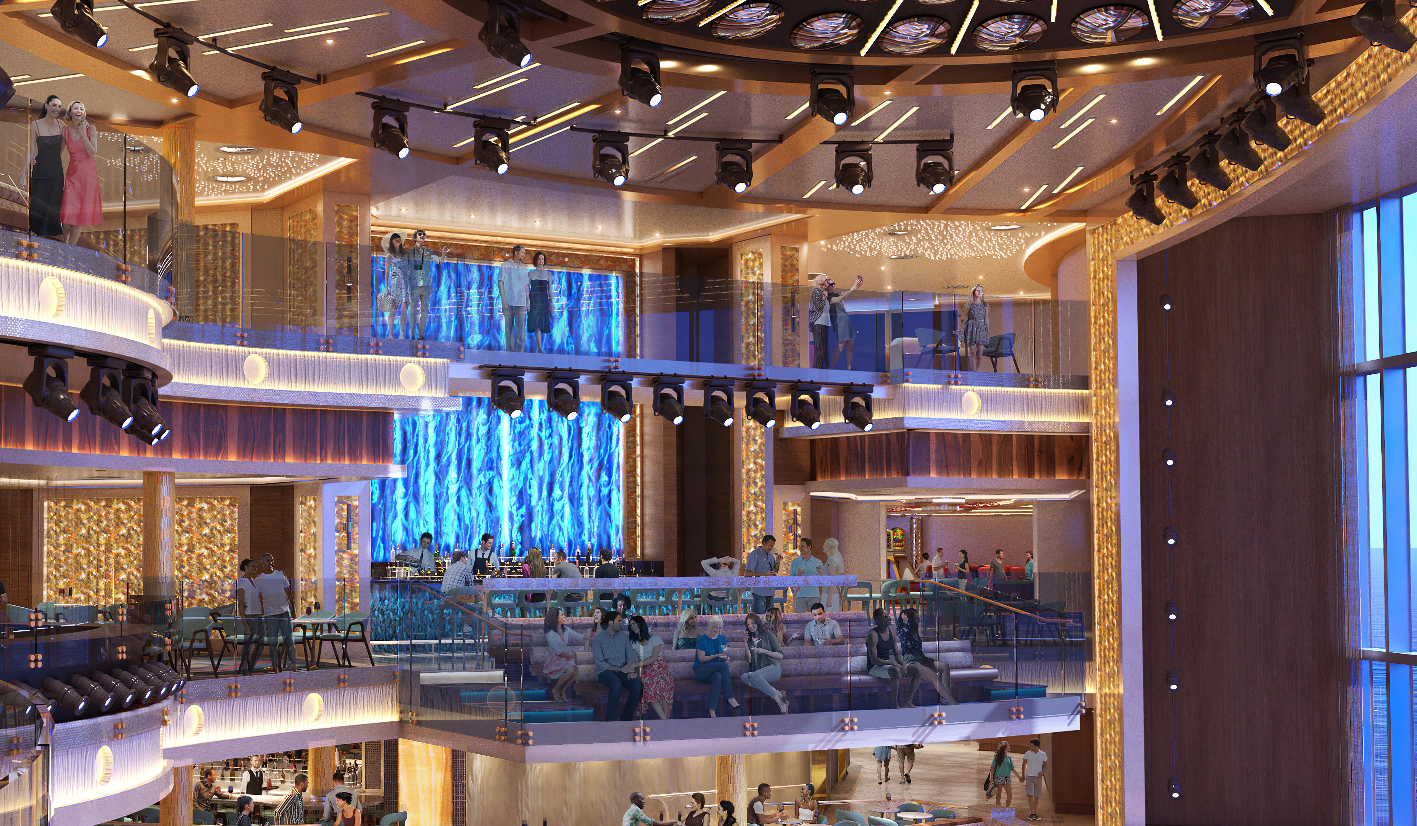 a close-up of cruise ship theatre mezzanines during the day