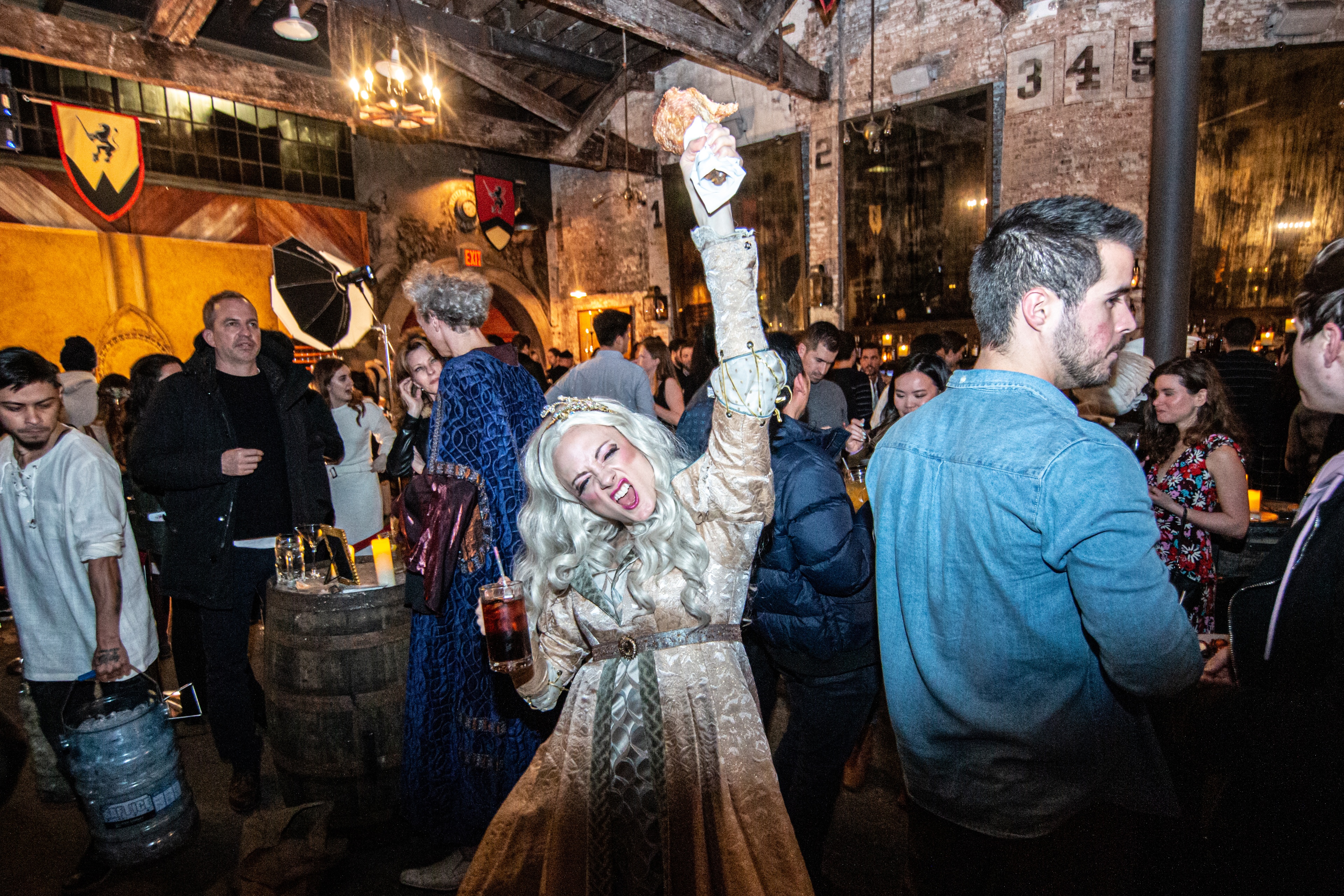 Woman cheering in medieval attire