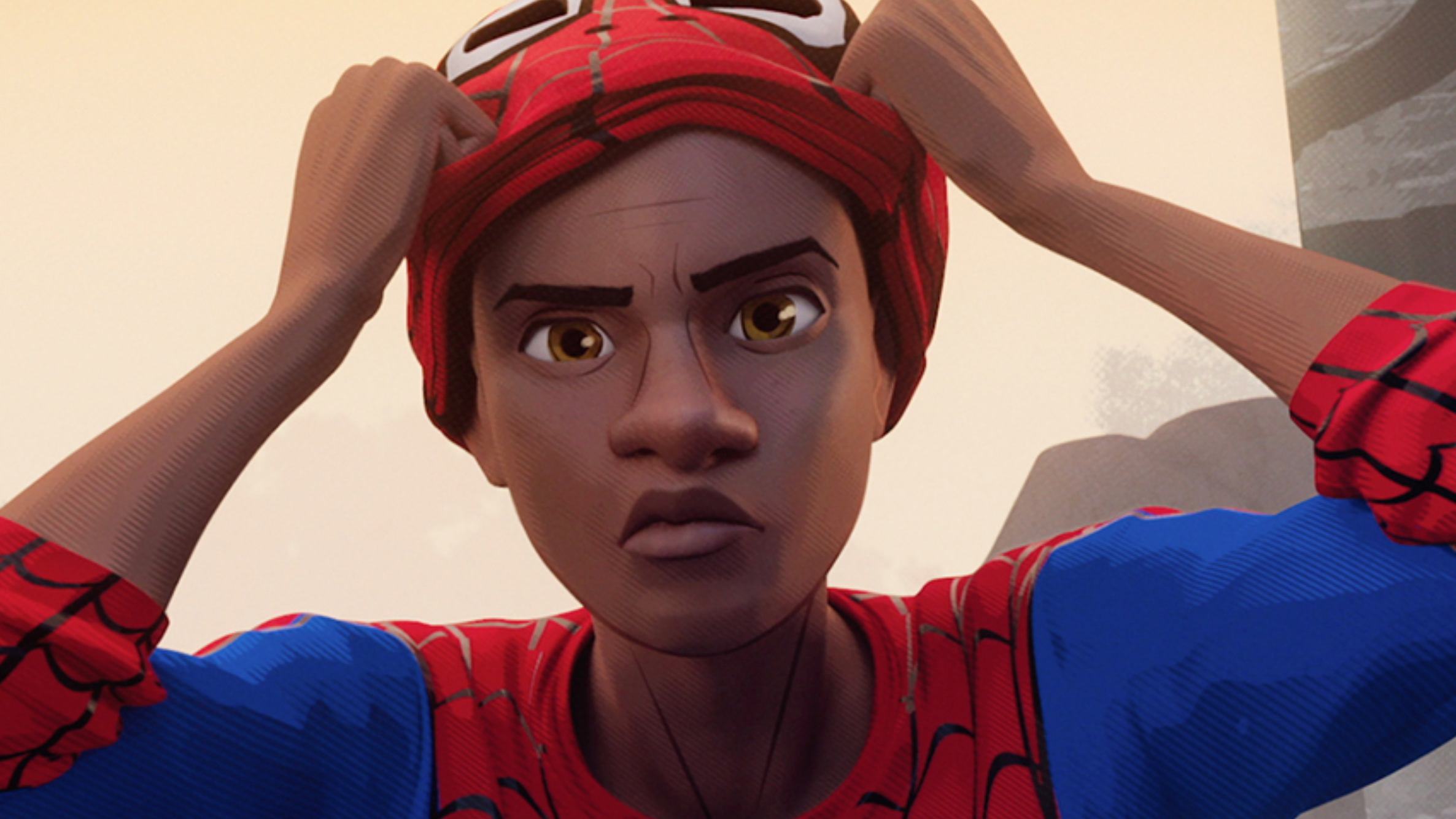 Miles Morales putting on Spiderman mask