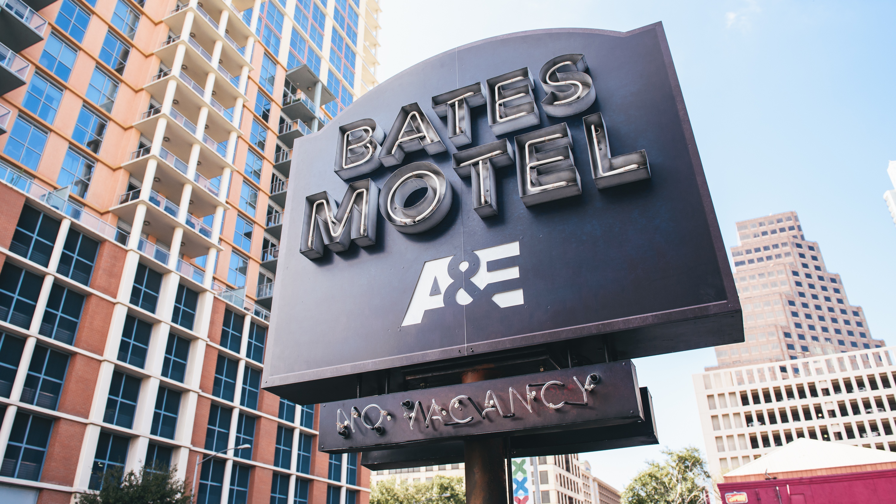 turned off neon Bates Motel A&E no vacancy outdoor signage at SXSW