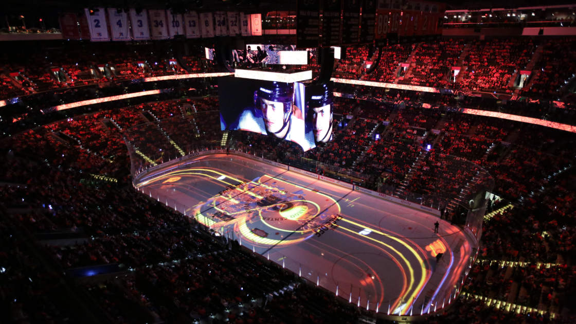 image of flyers arena with scoreboard in center