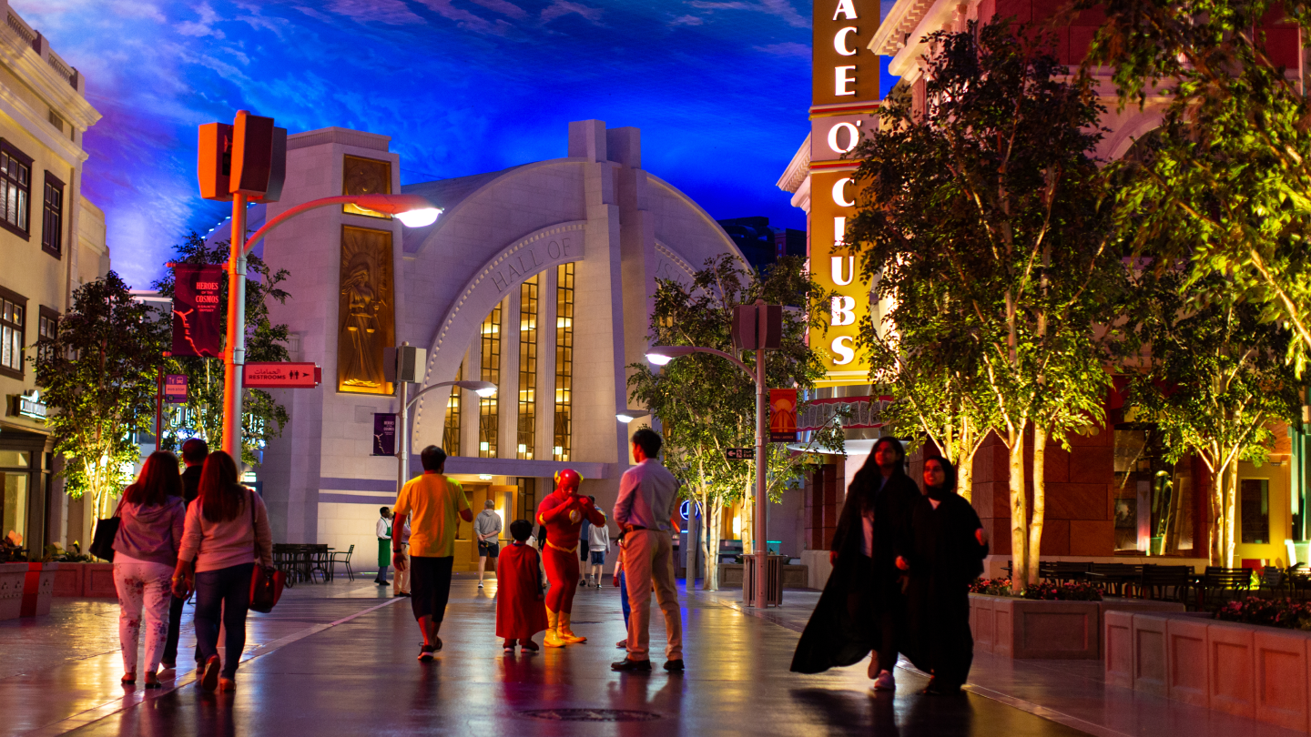 people walking on streets inside warner bros. abu dhabi