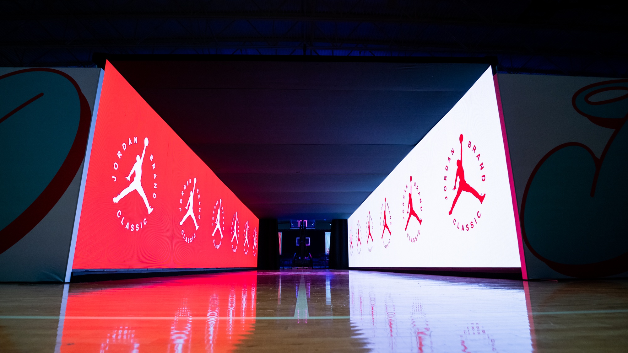 Large red and white LED screens with Jordan Brand logo