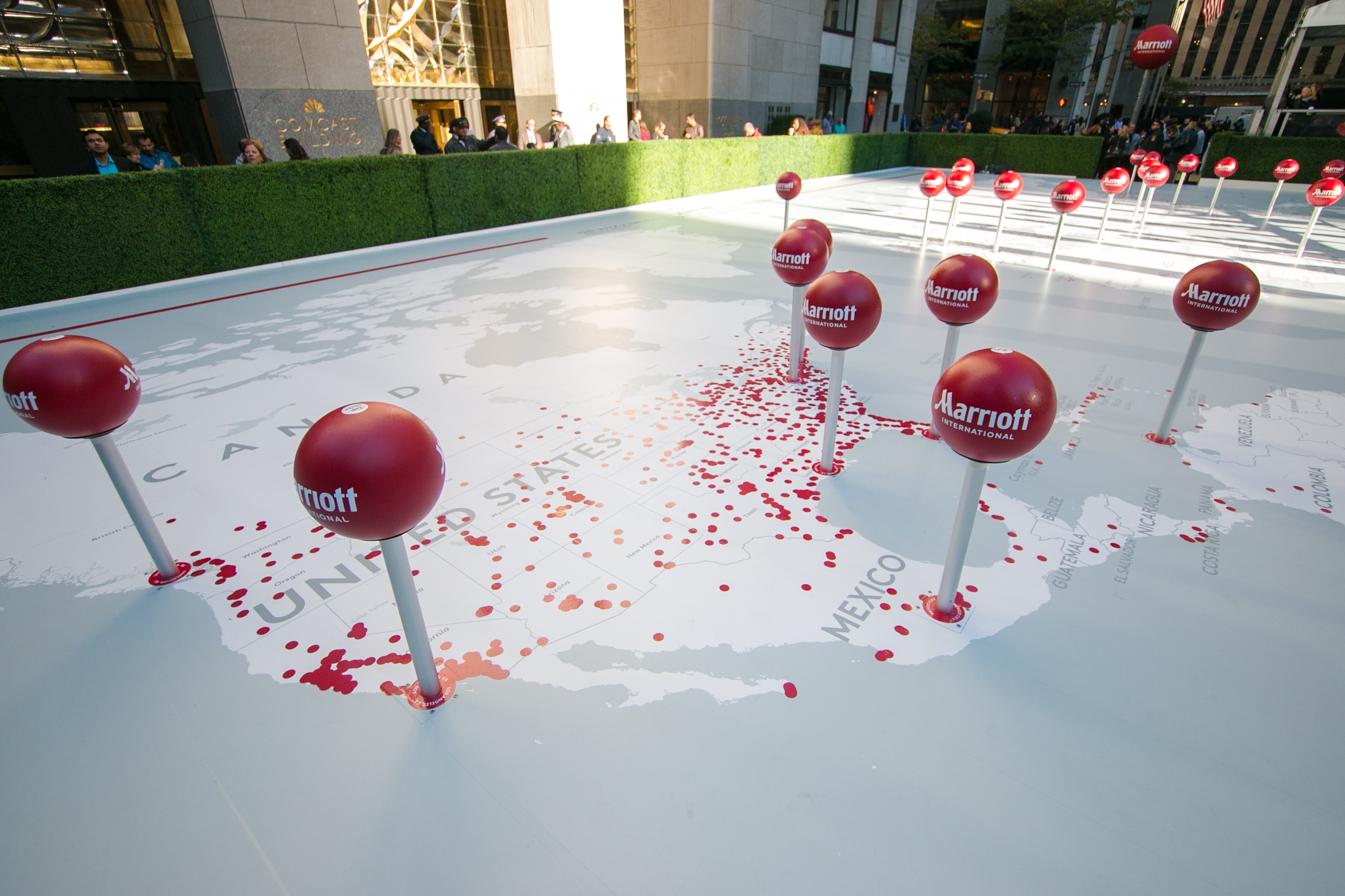 Rockefeller Center ground as a map with large pins representing Marriott locations