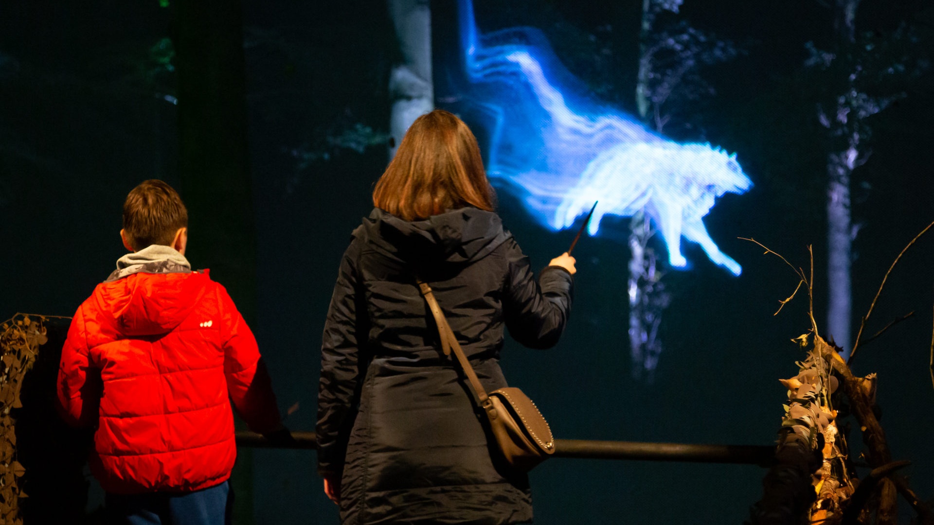 Harry Potter: A Forbidden Forest Experience woman and boy in front of interactive screen 