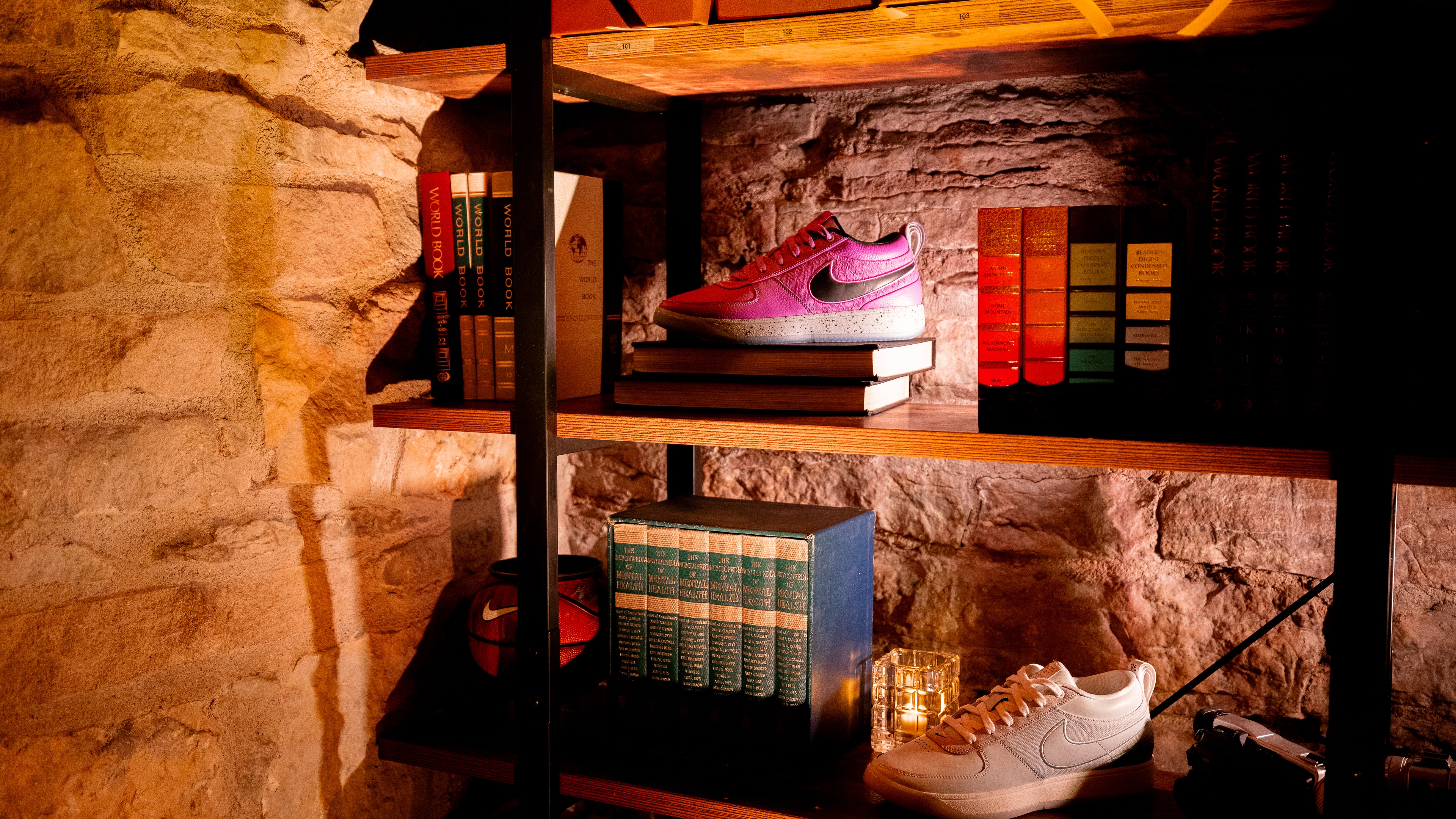 Shelf with pink Nike shoe and books displayed