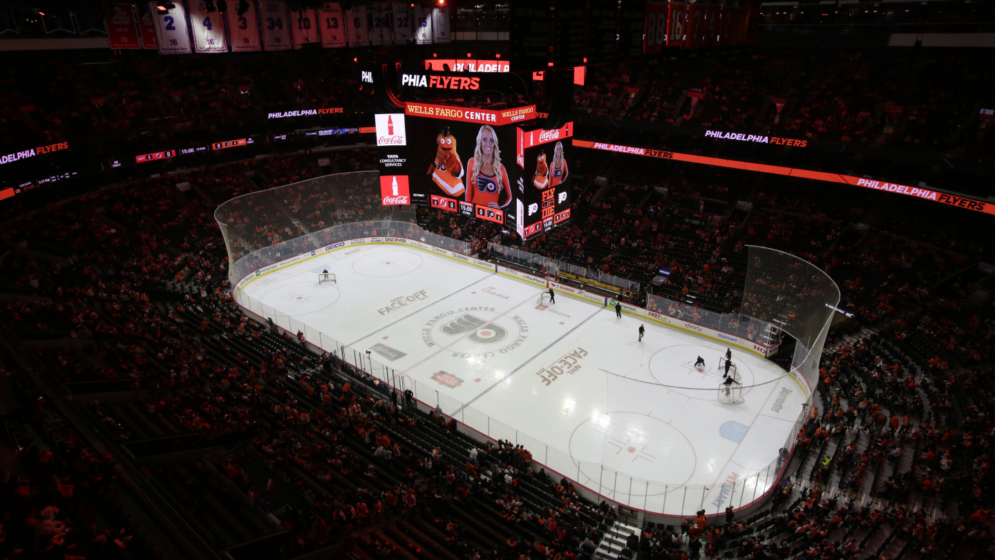 Kinetic scoreboard above ice rink in the Wells Fargo Center