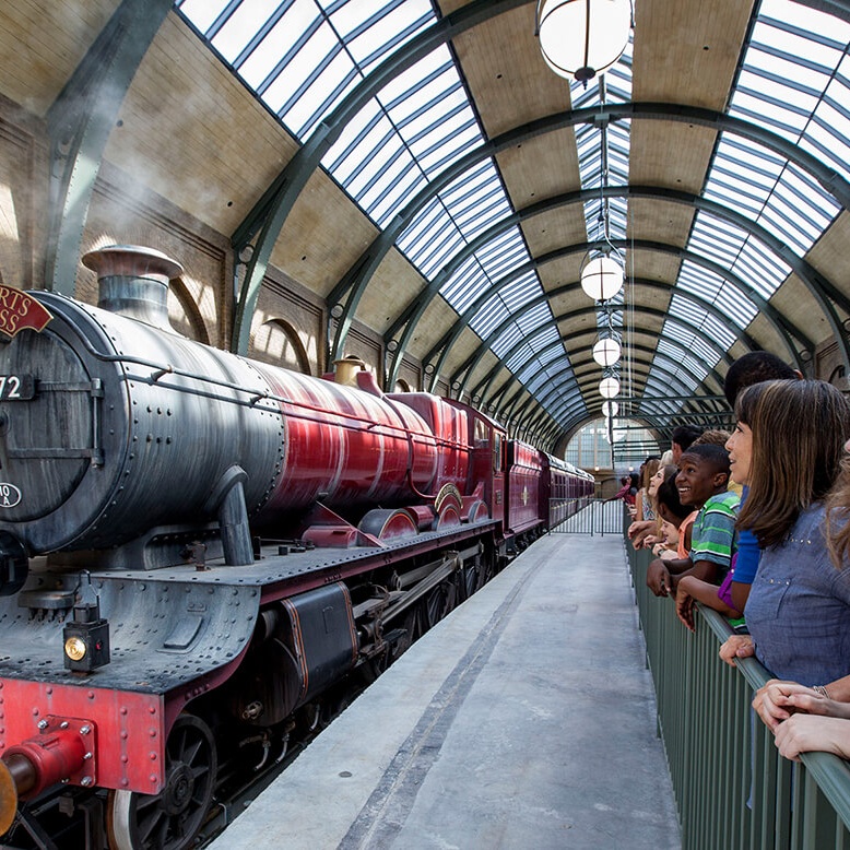A group of Harry Potter fans in front of Hogwarts Express train