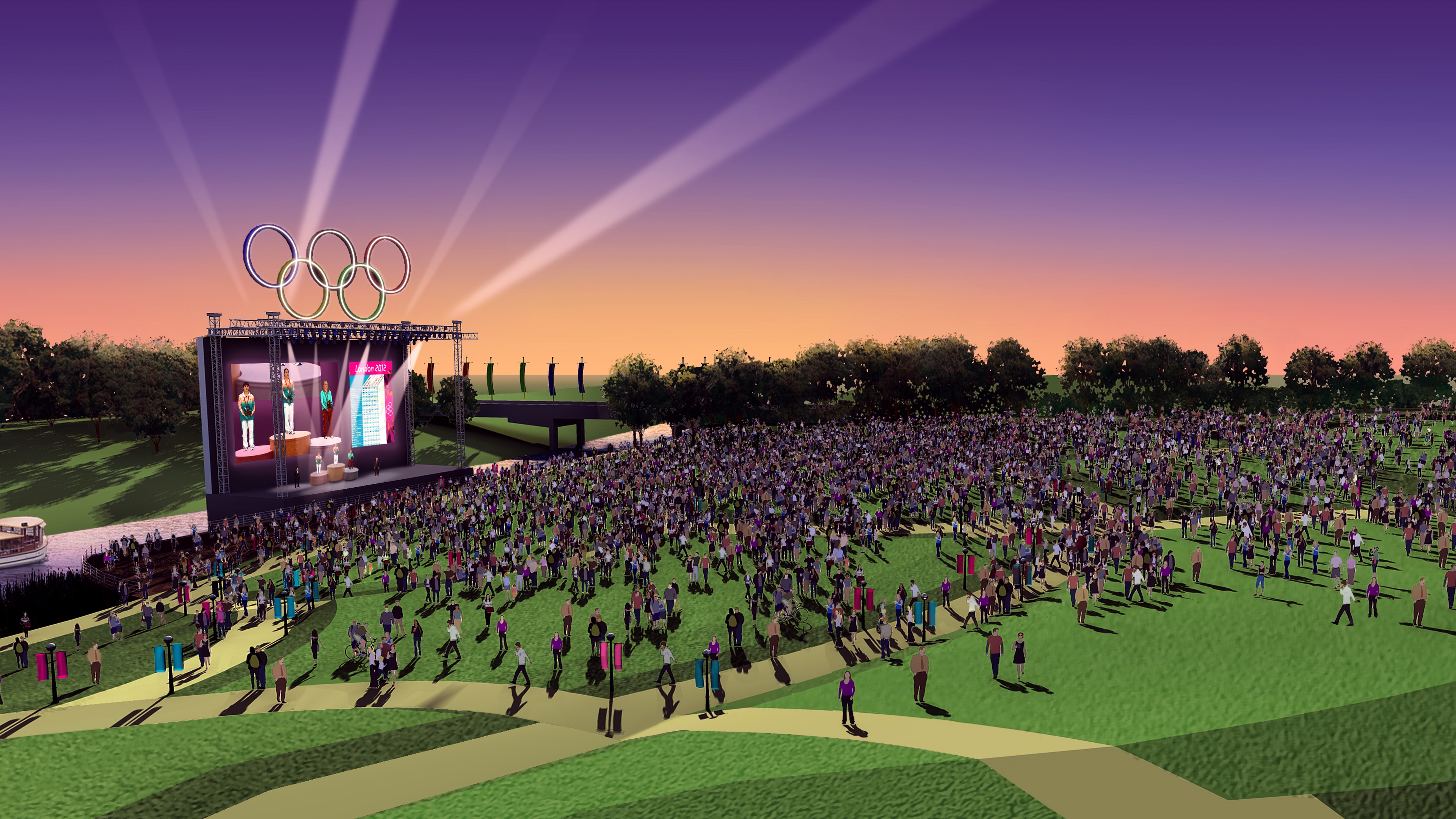 Render of large grass olympic field with spectators