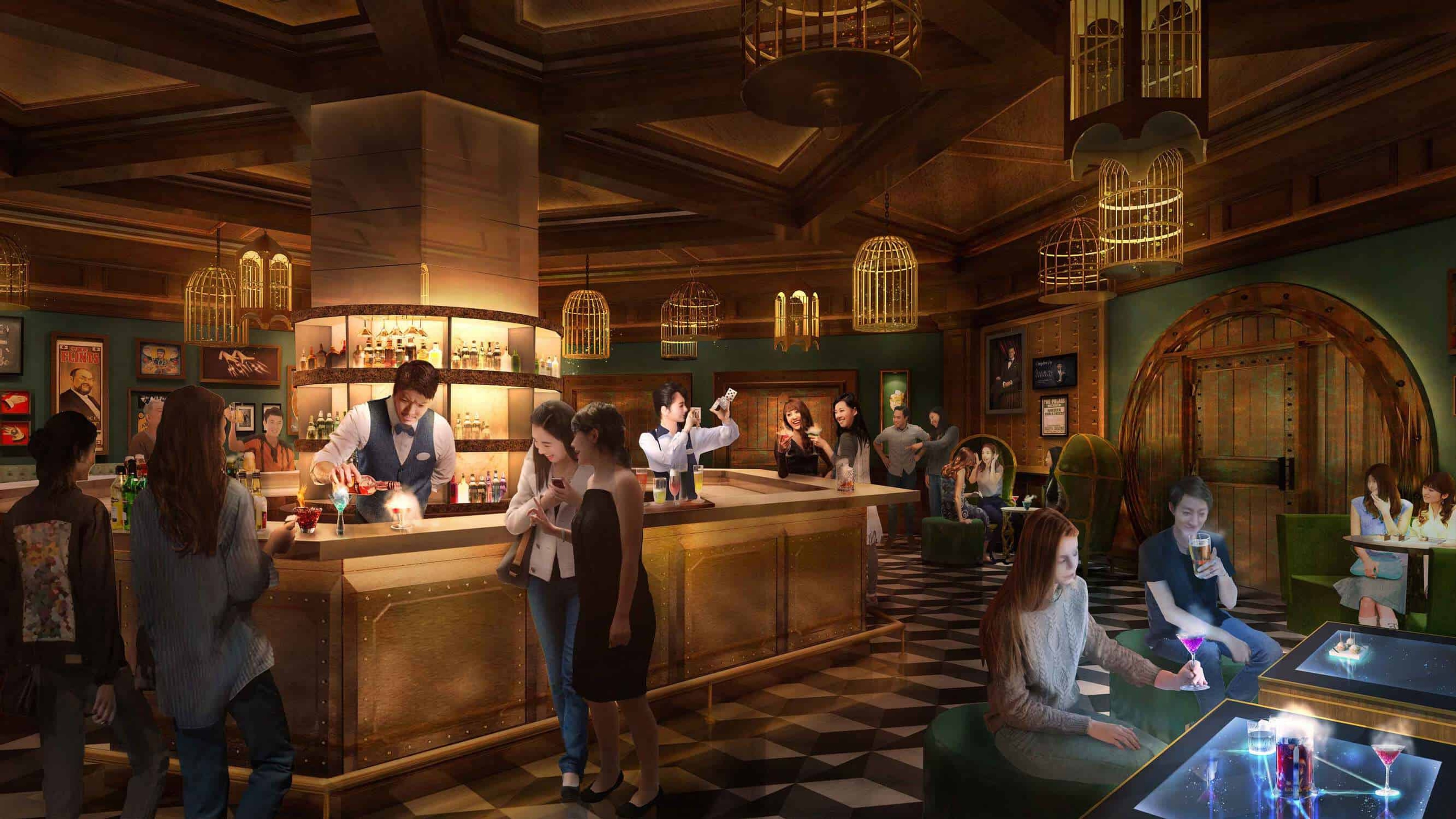 Render of a movie bar setting with people enjoying the environment and barman dressed in vintage attire