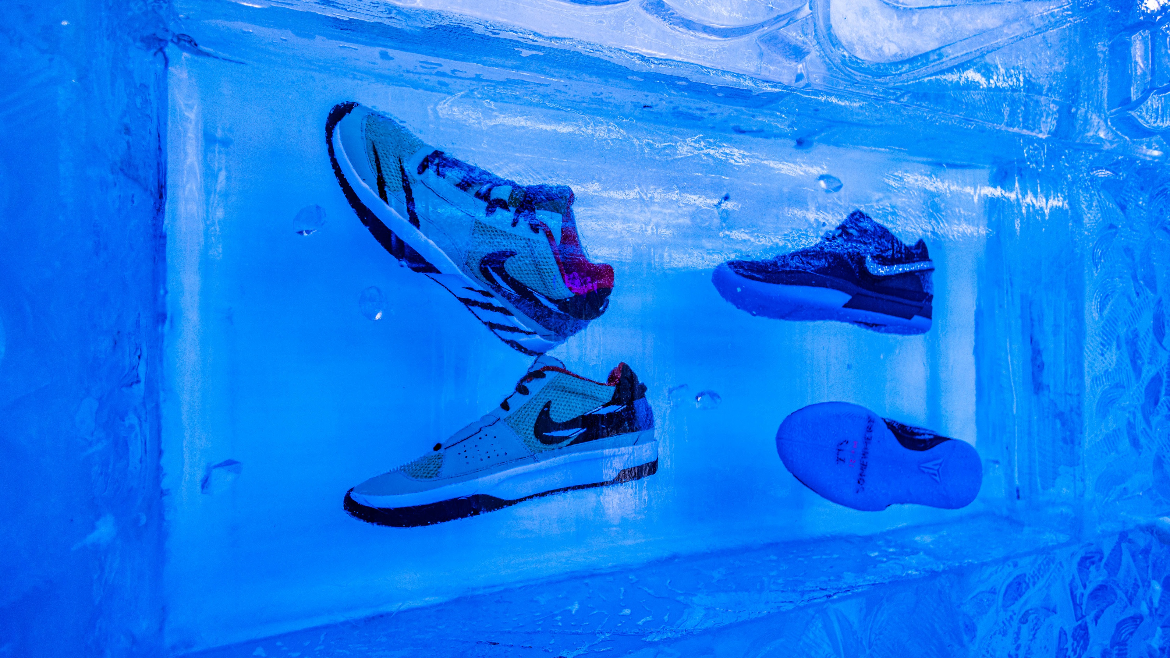 Nike trainers frozen in ice with logo