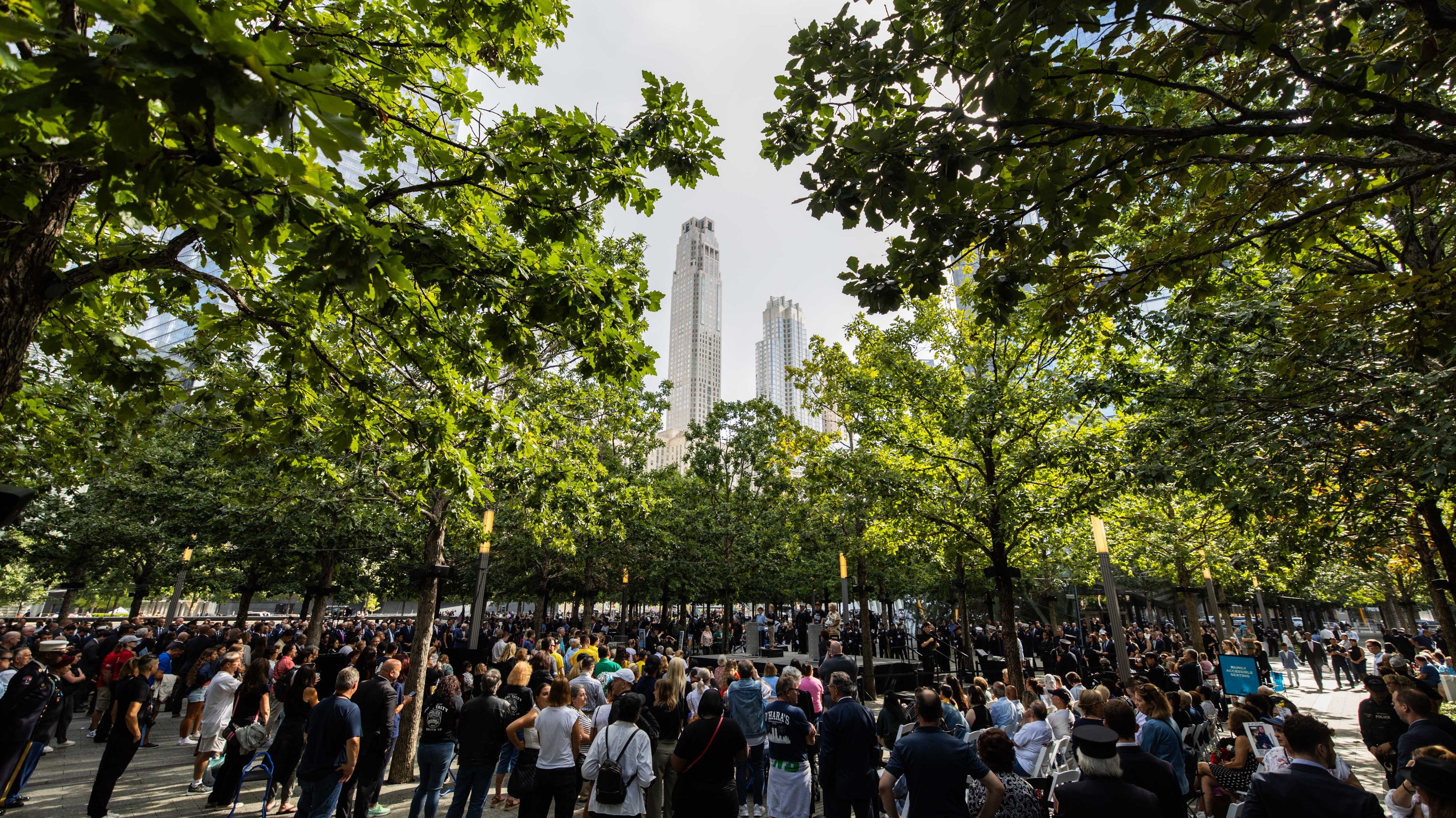 Large crowd gathered outside at 9/11 memorial
