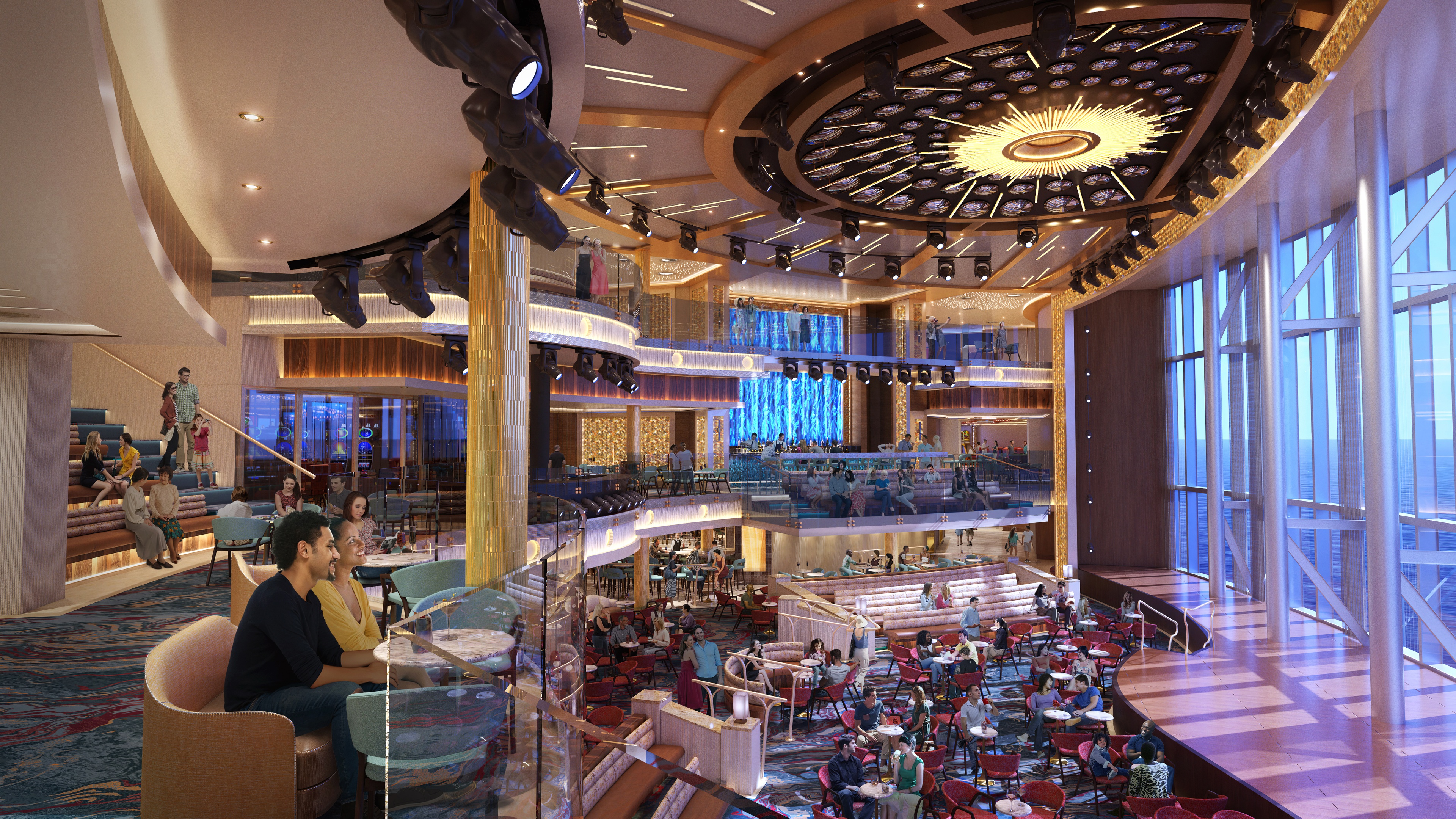 Carnival Cruise Line Mardi Gras rendering of interior of cruise, two levels showing people sitting around round tables and facing a stage that has windows overlooking the ocean