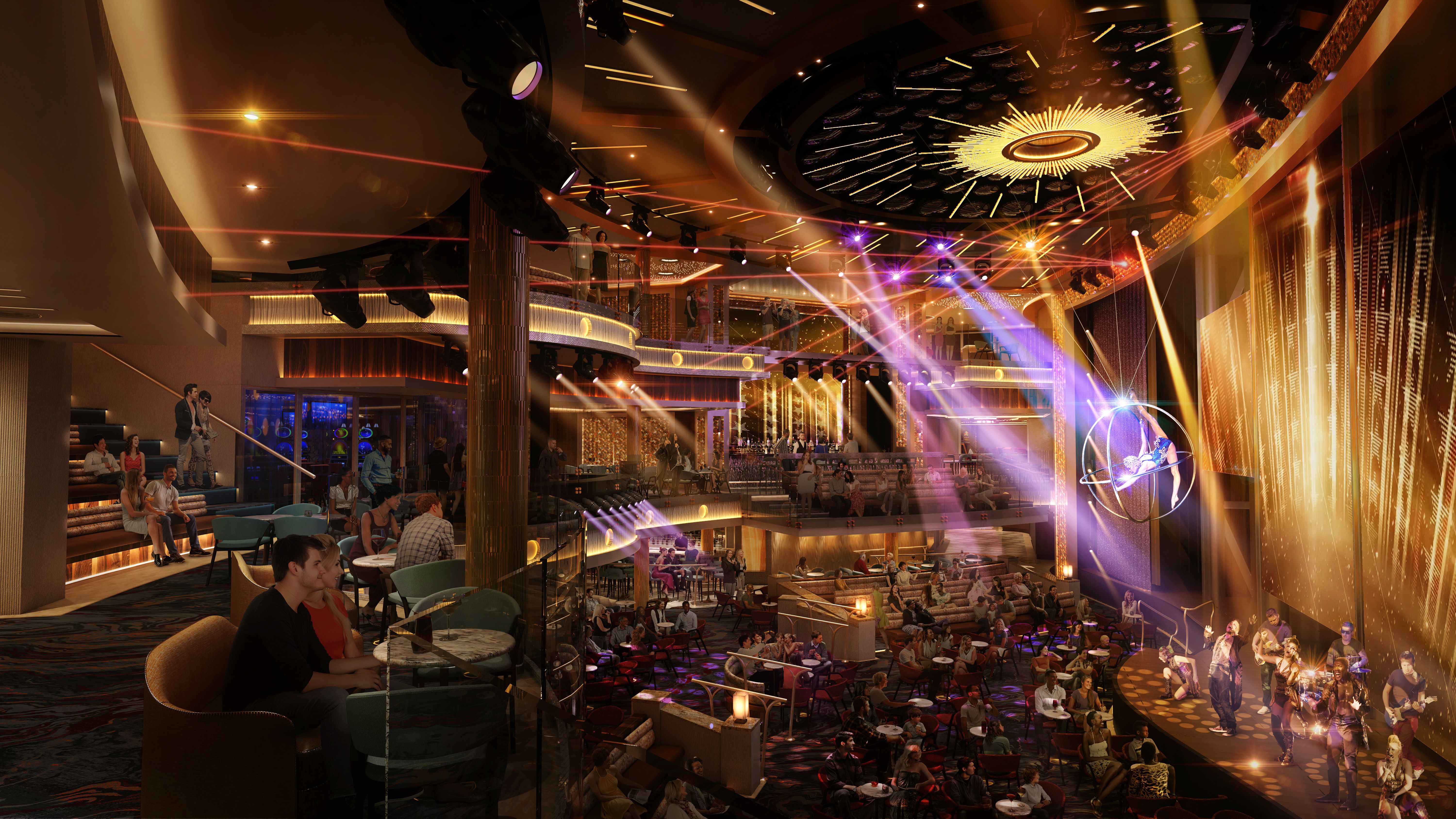 a very golden-looking cruise ship theatre rendering with multiple mezzanines looking over performers on stage and one performer flying in a circular prop with purple and yellow stage lights surrounding a sun-like light feature on the ceiling