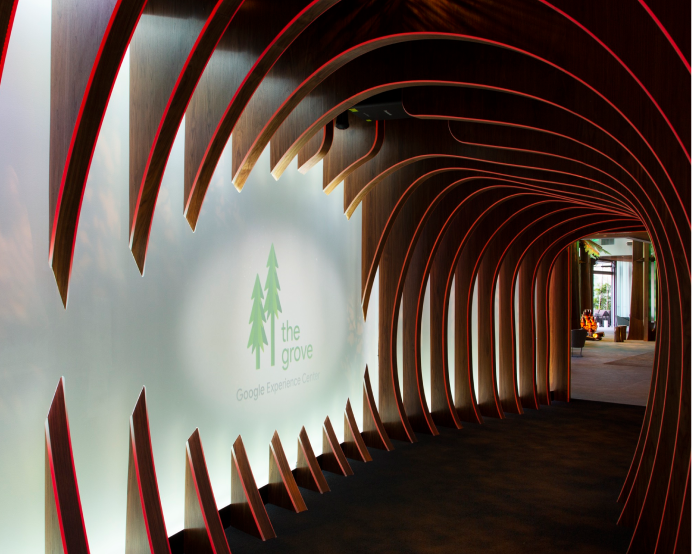 hallway insight Grove Google Experience Center with circular ribbing wrapping around the space