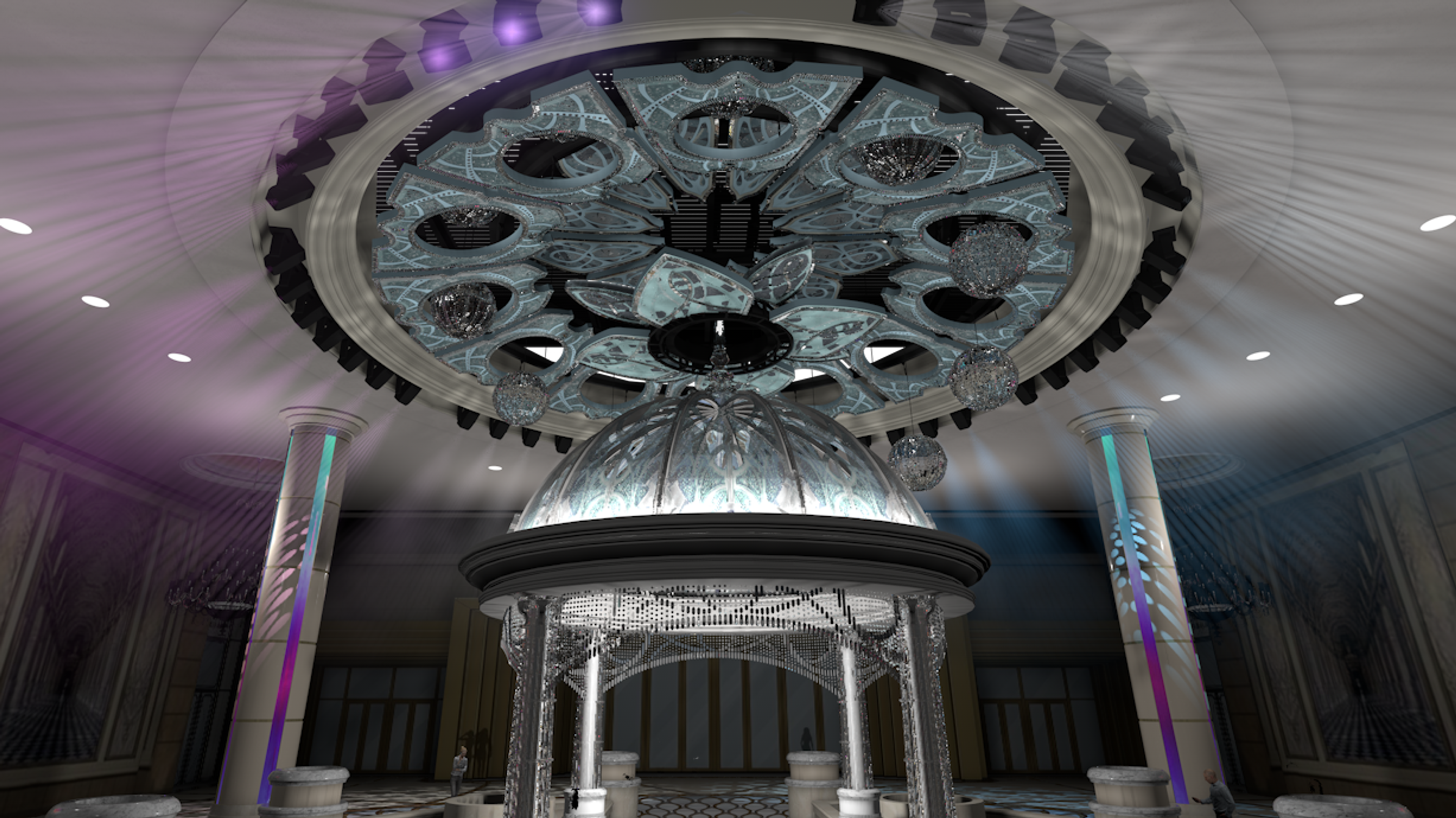 Architectural kinetic Lous flower sculpture installed in centre of grand lobby with chandeliers and light displays