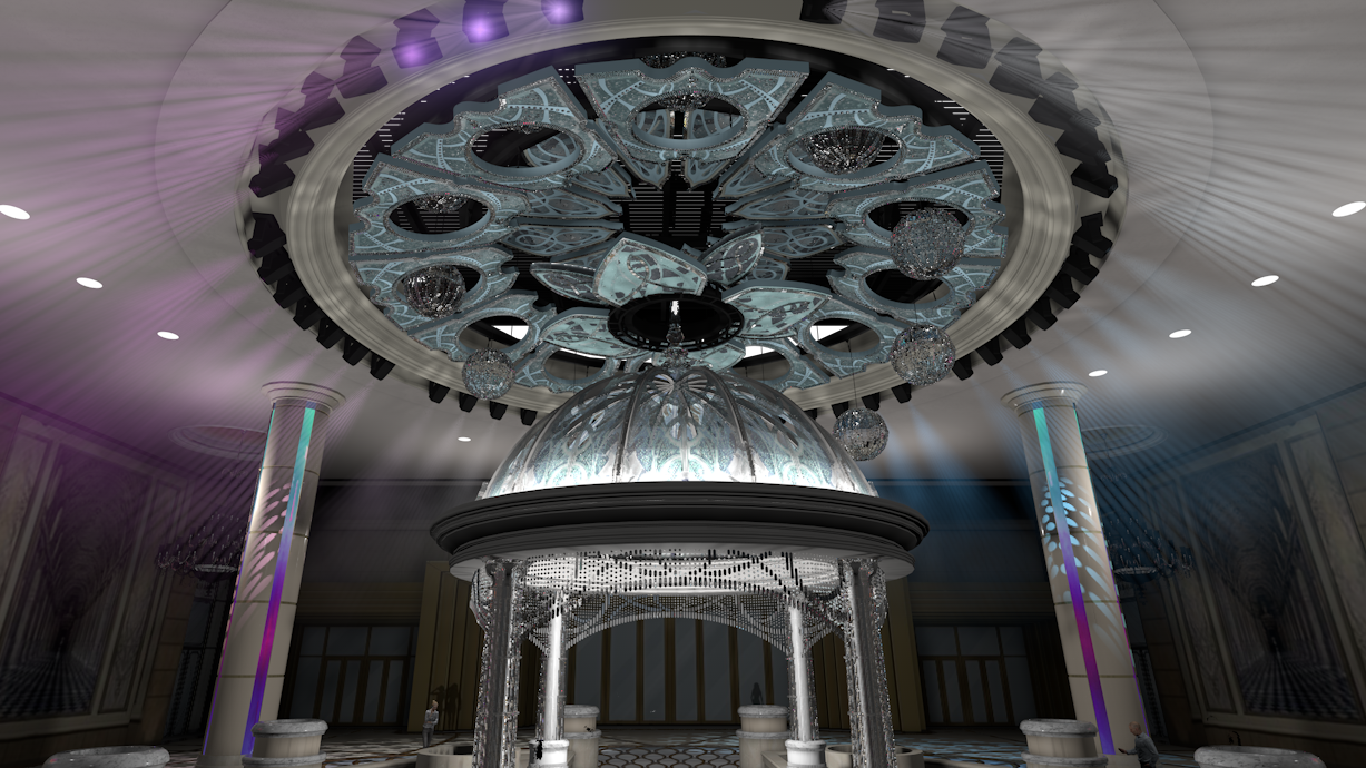 Architectural kinetic Lous flower sculpture installed in centre of grand lobby with chandeliers and light displays