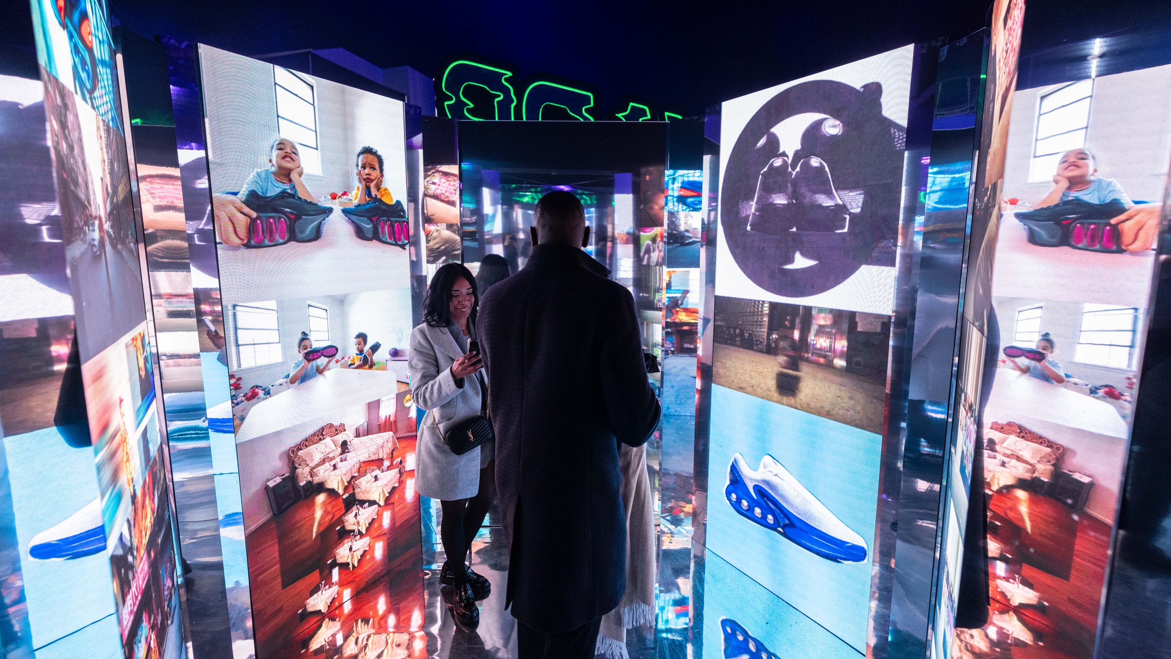 Lit up screens with products shown