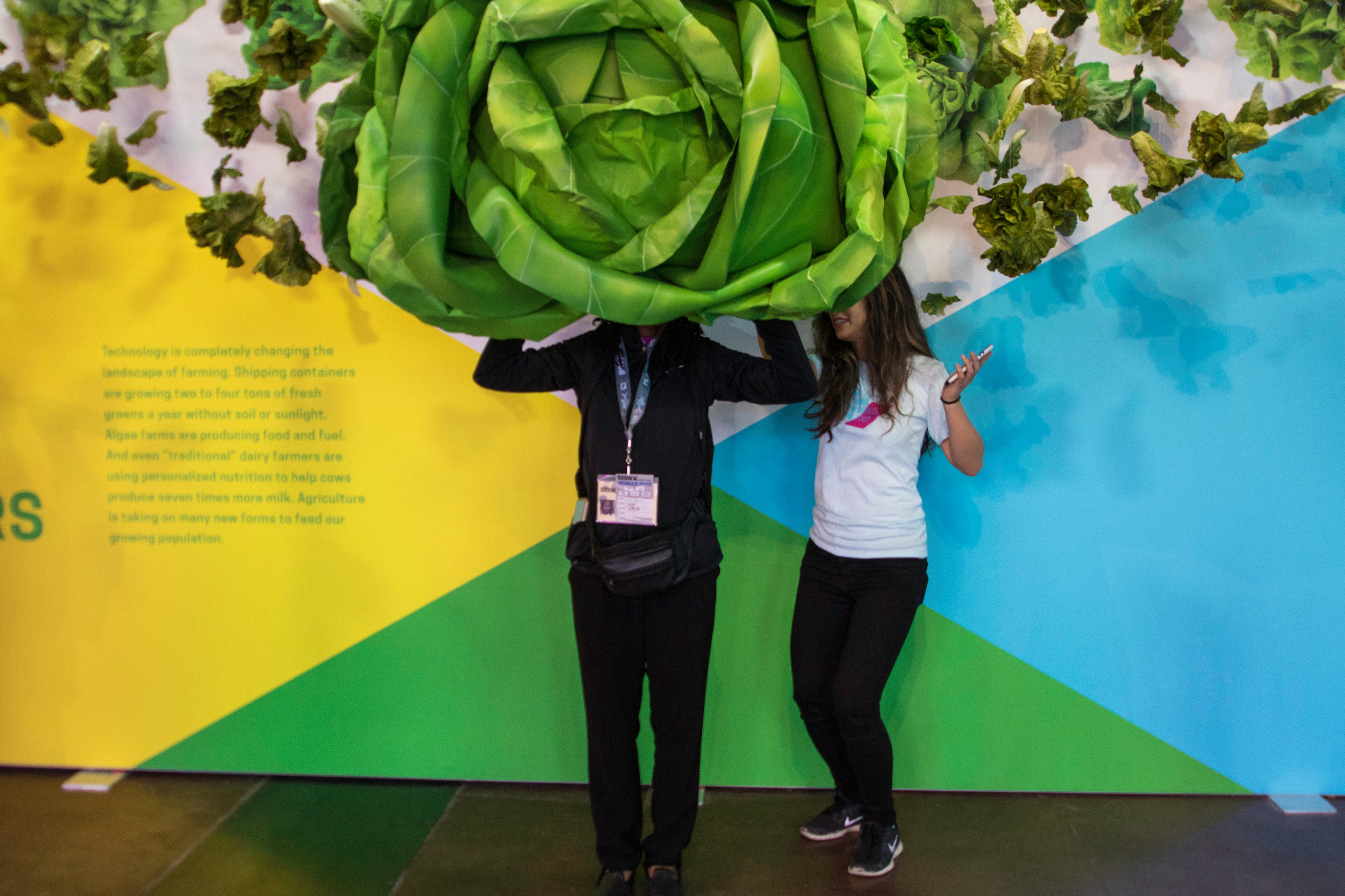 Land O’Lakes The Food Effect SXSW photo op featuring two females getting behind a big green flower that covers their face, behind them there's a wall with copy discussing how technology is changing farming