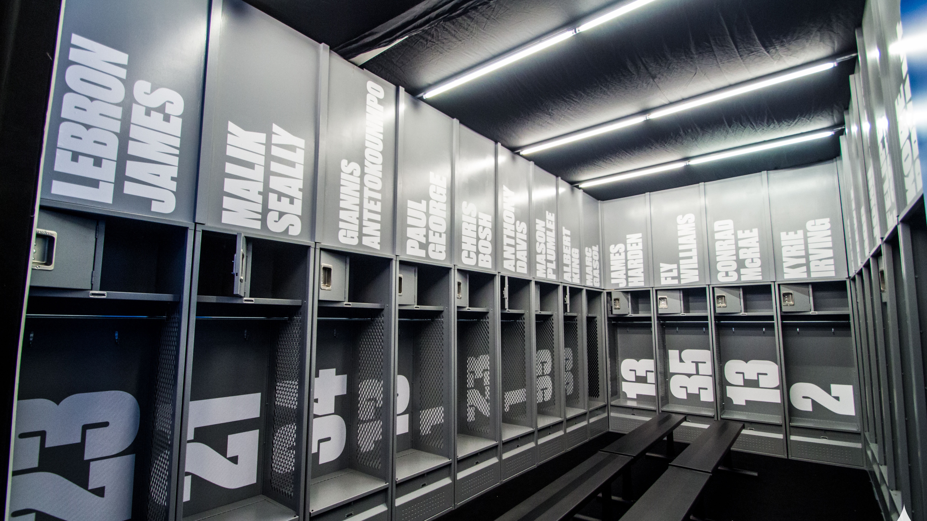 Grey and white locker room