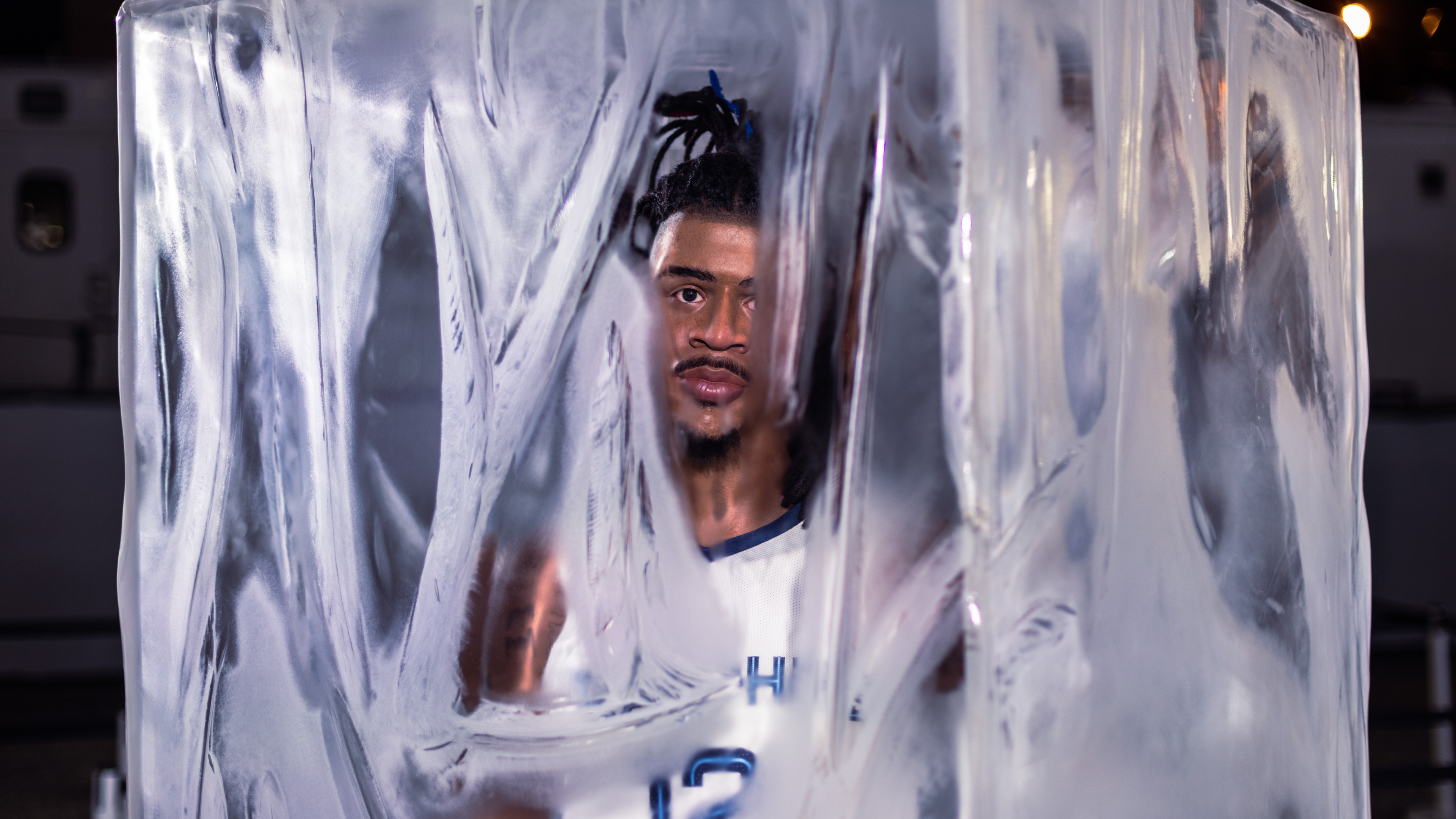 Frozen basketball player sculpture