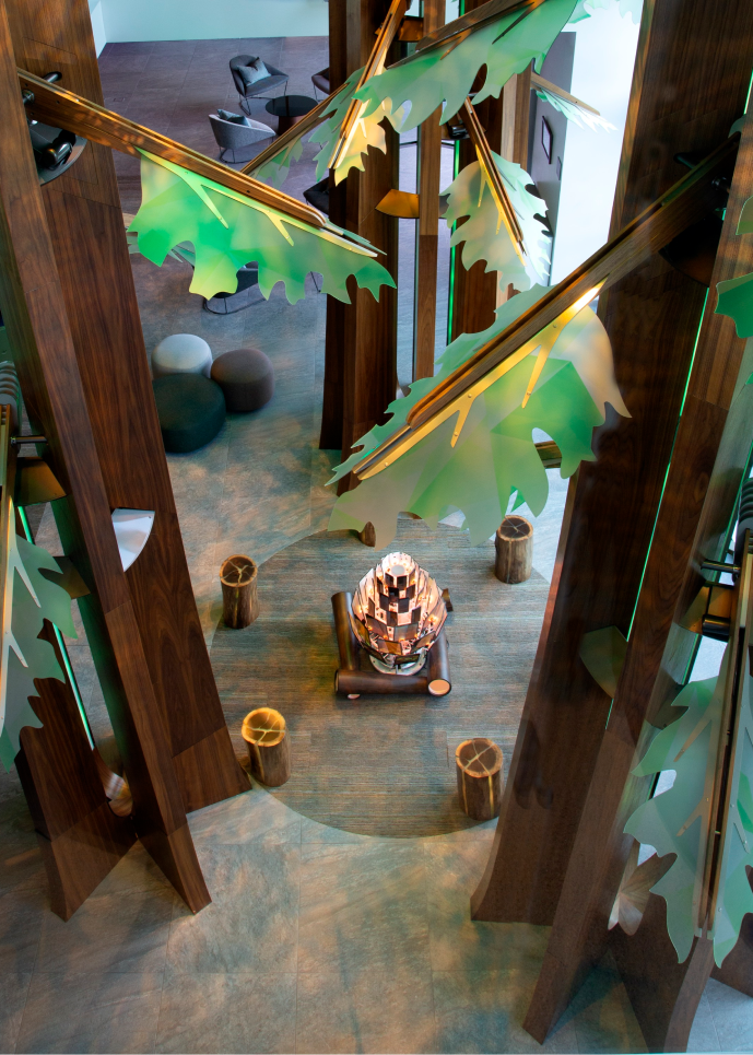 open room with a fake campsite set up
