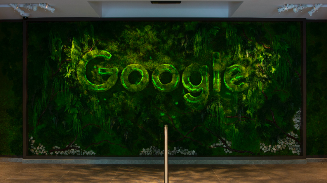 wall with digital backdrop of a green google logo