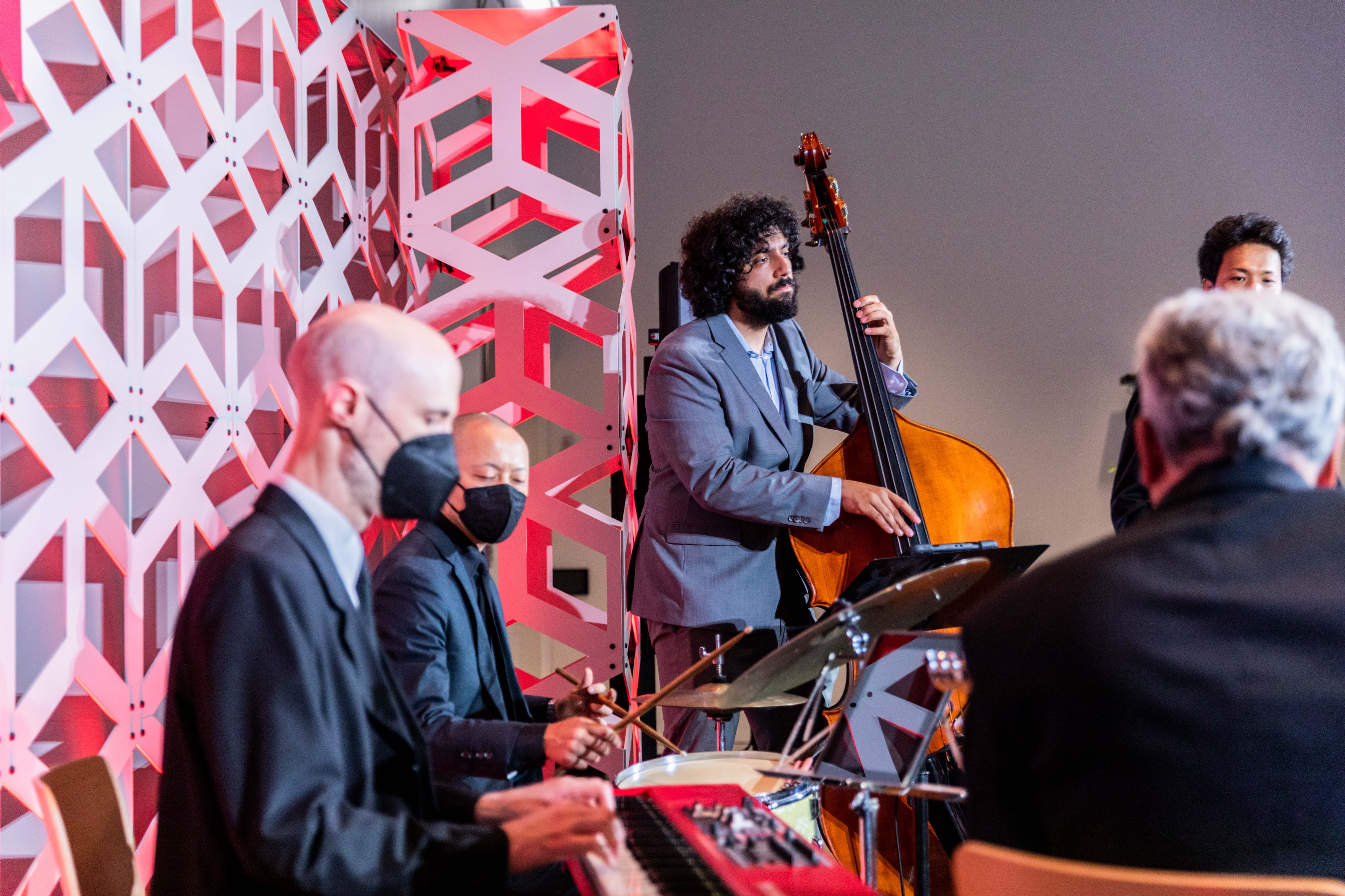 Cornell Anniversary Celebration jazz quintet playing with masks on