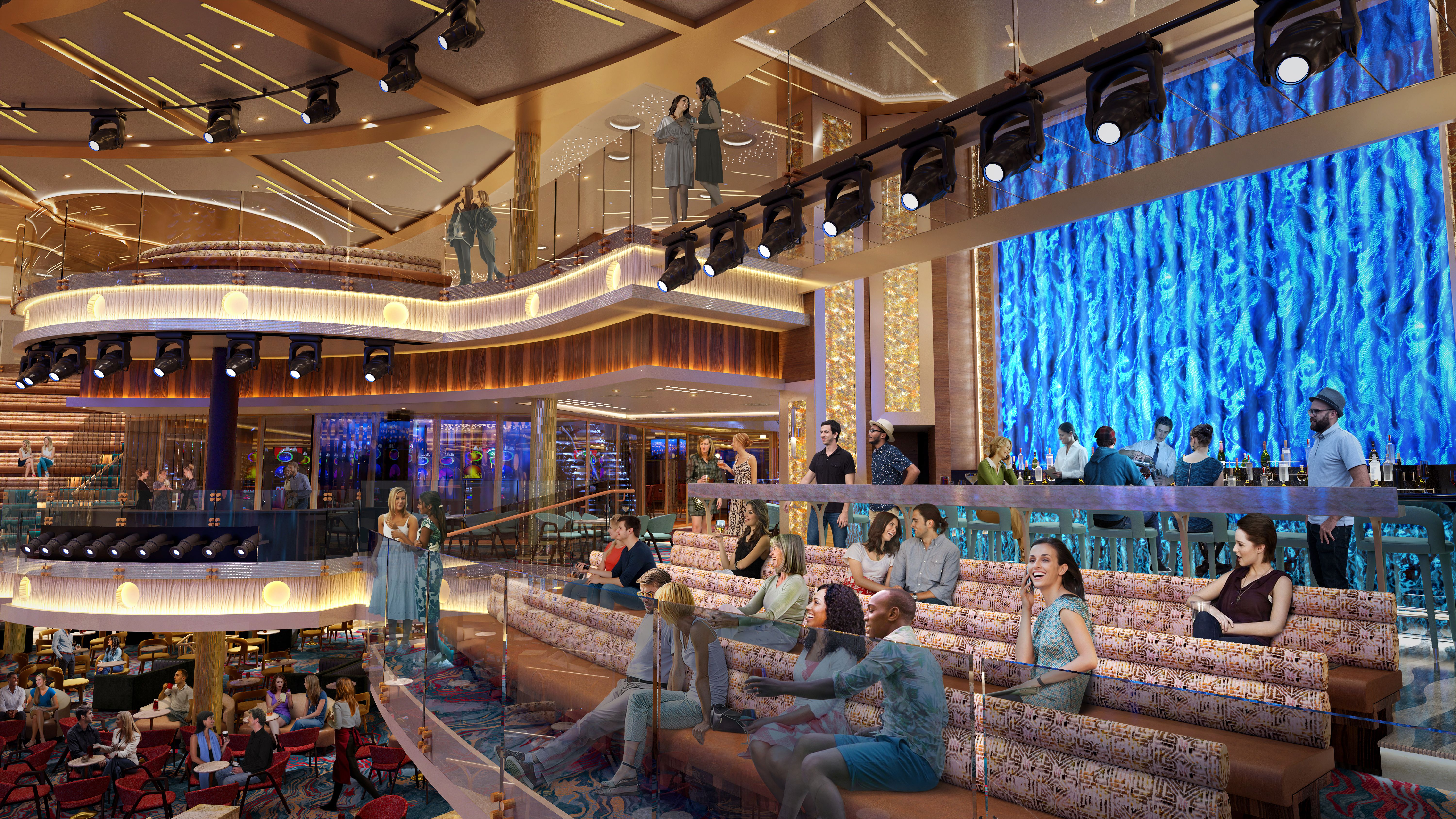 a close up of cruise ship theatre mezzanines during the day