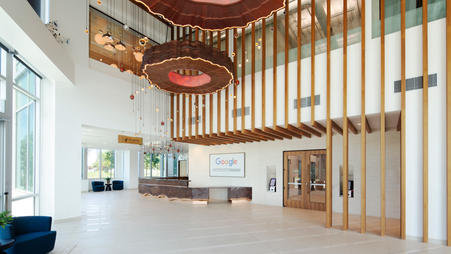 Room at the Google Grove Experience Center with open floor and high ceilings