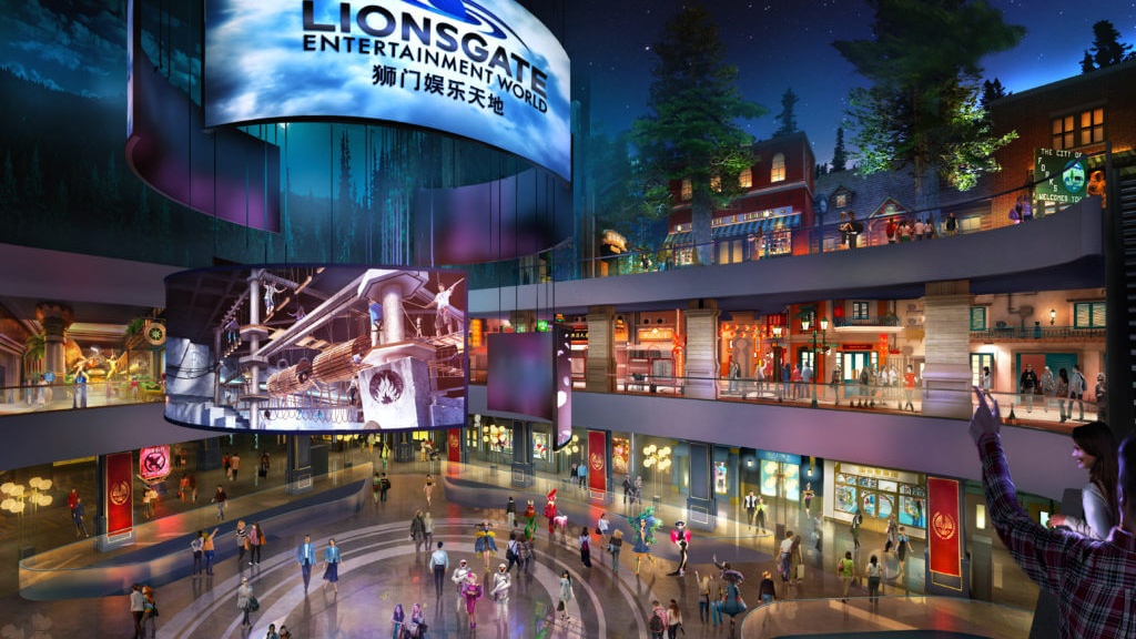 Impressive render of Lionsgate themed consumer experience theme park with people walking around and taking photos