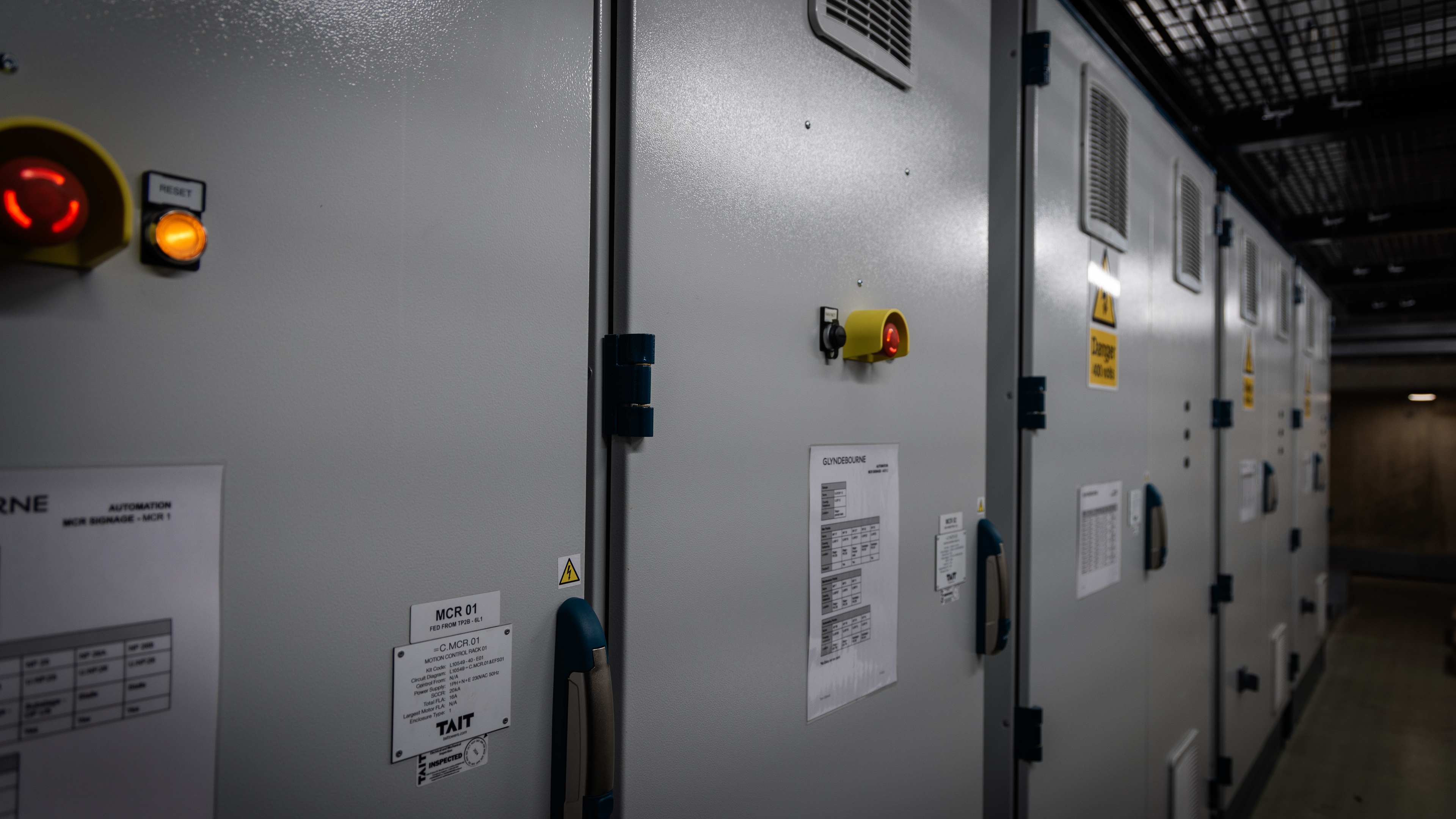 Set of technical containers with e stop buttons backstage