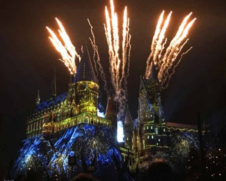 Fireworks coming out of Hogwarts castle