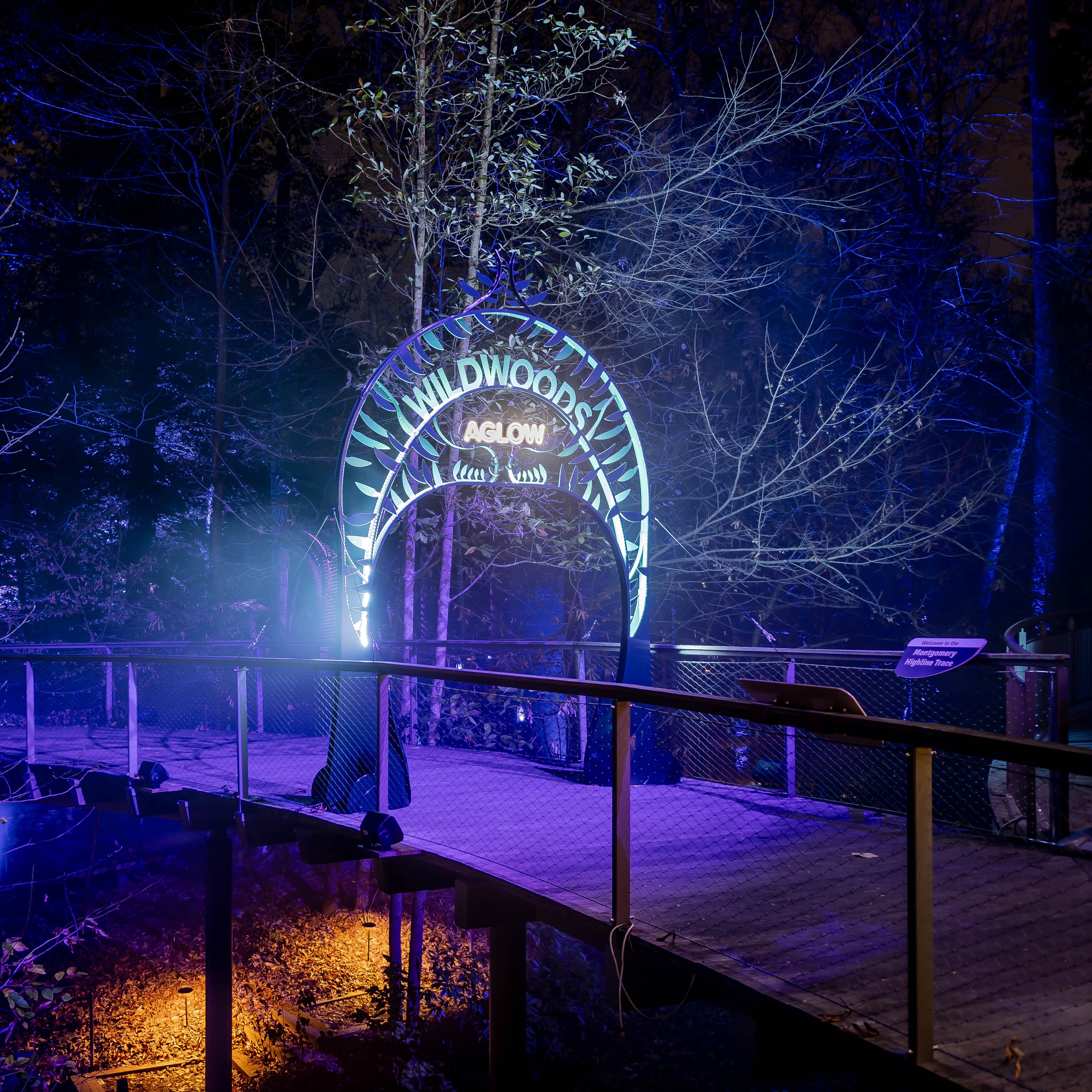 Raised walkway with glowing arch. The arch says "WILDWOODS AGLOW" and is decorated with leaves.