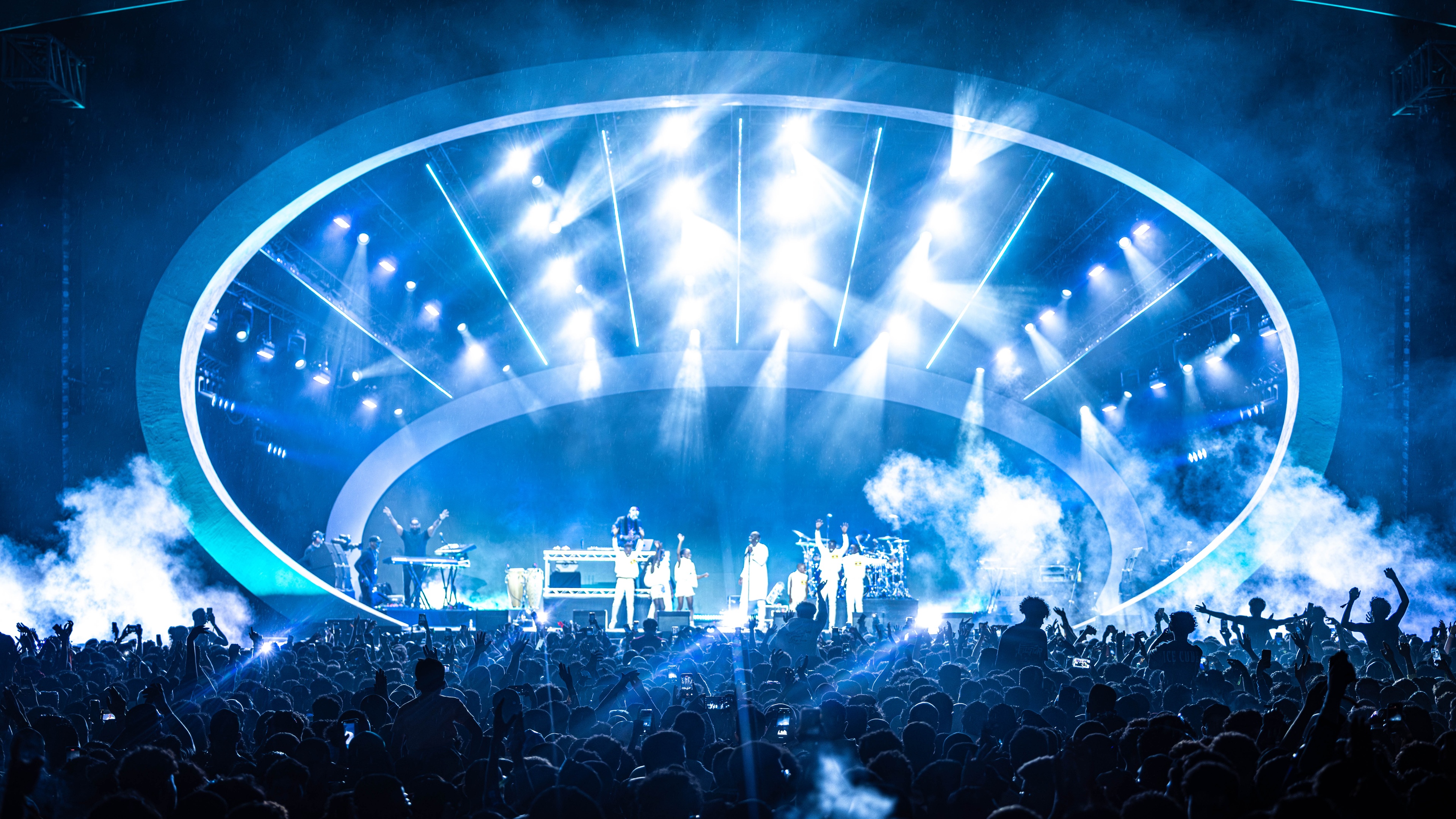 large oval stage with blue lighting